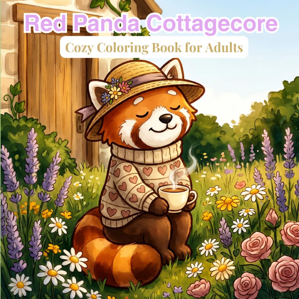 Red Panda Cottagecore: Cozy Coloring Book for Adults