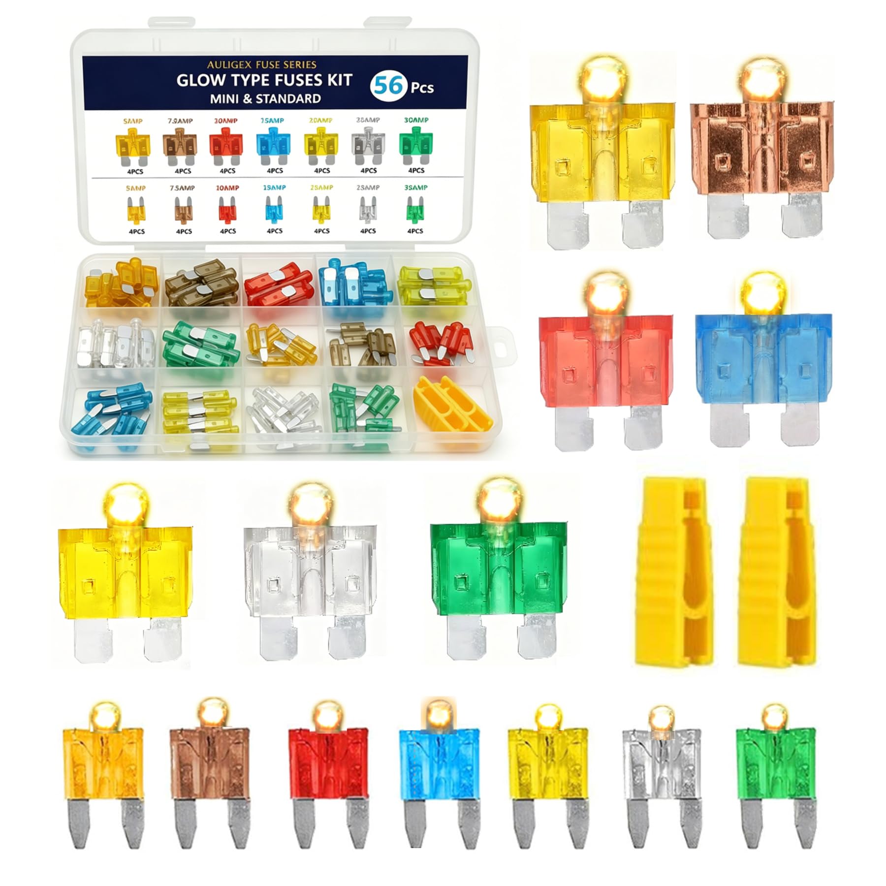 56 fusibili a incandescenza mini e standard a lama automobilistica con 2 estrattori, facile identificazione, si illumina automaticamente quando viene soffiato (56 fusibili mini e standard)