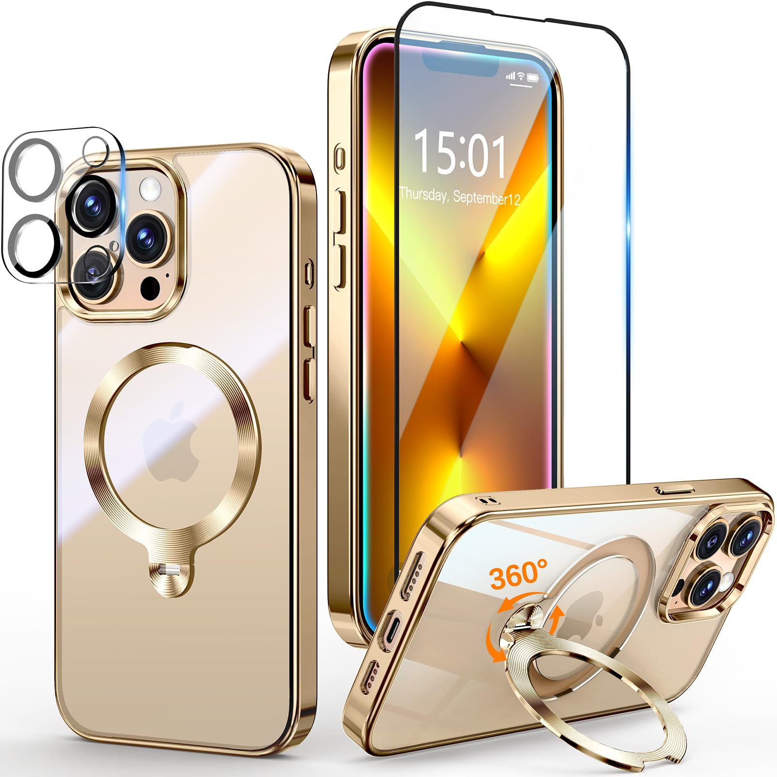 Yoouther 3 in 1 Cover Magnetica per iPhone 13 Pro Max 6.7" [360° CD Supporto Girevole per MagSafe] [Con Pellicola Vetro Temperato & Vetro Fotocamera] [Non Ingiallisce Mai] Protezione Antiurto, Oro