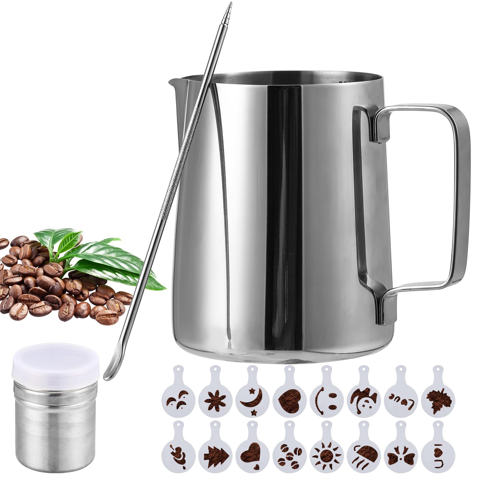 350ml/12oz Dzbanek do mleka - Stal nierdzewna 304 - Dzbanek Barista do spieniania mleka - Akcesoria do kawy z 16 szablonami, igłą stalową i posypywaczem do kakao