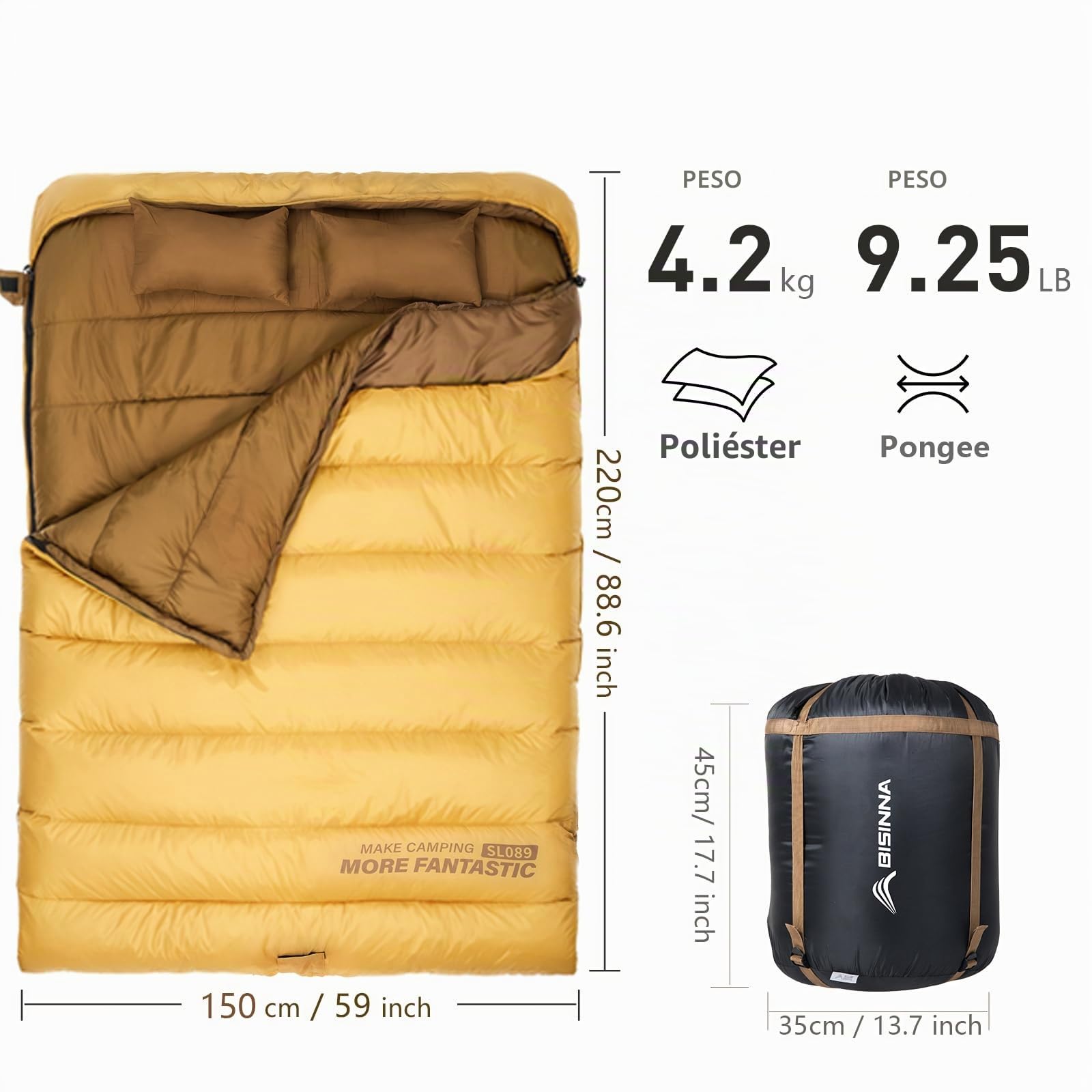 BISINNA Saco de Dormir Doble de Invierno 0 Grados, Gran Saco de Dormir cálido Impermeable, Adecuado para Acampar al Aire Libre, caravaning Viaje 4.2kg