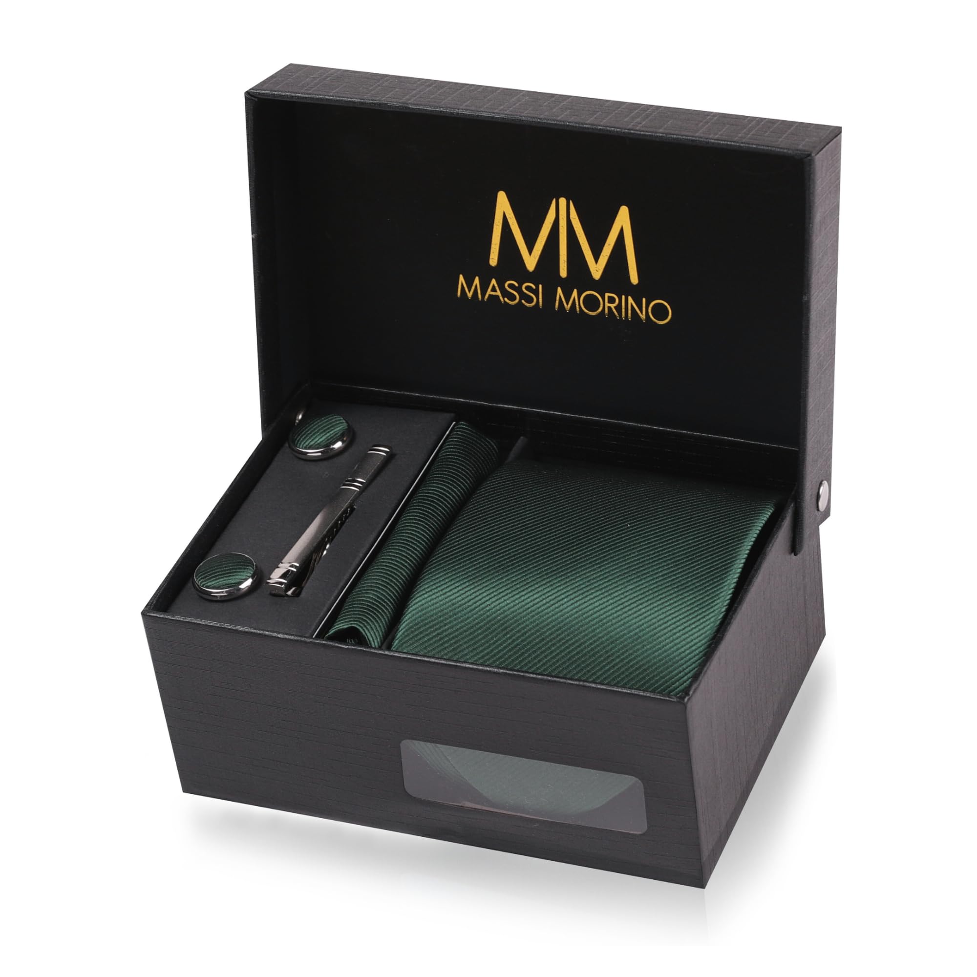 Massi Morino Krawatte mit Einstecktuch Set Herren inkl. Manschettenknöpfe, Krawattennadel und Geschenkbox - Männer Krawattenset zur Hochzeit