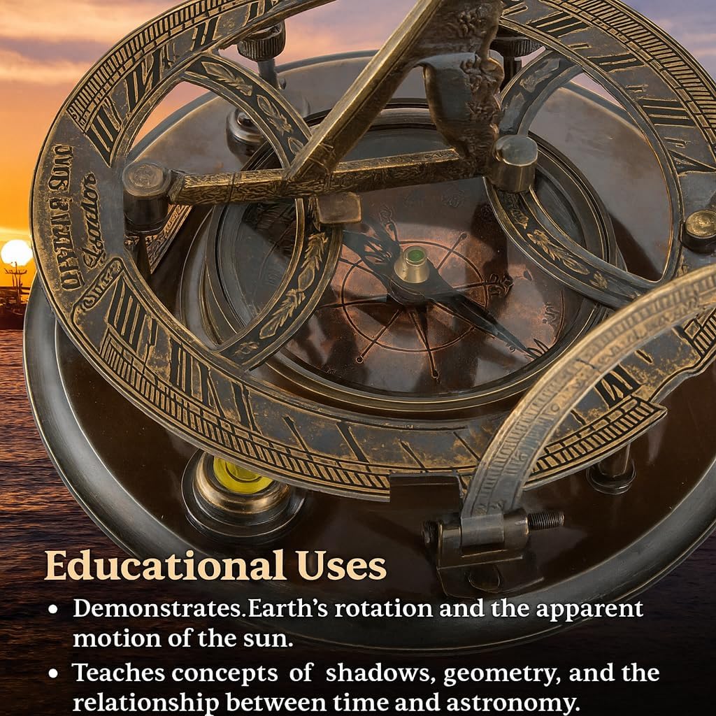 Top Grade 5-Inch Sundial Vintage Nautical Marine Compass with Wooden Box Antique Brass Sun Clock for Decoration, Navigation, Gifts Ship Replica Maritime Compass - Image 2