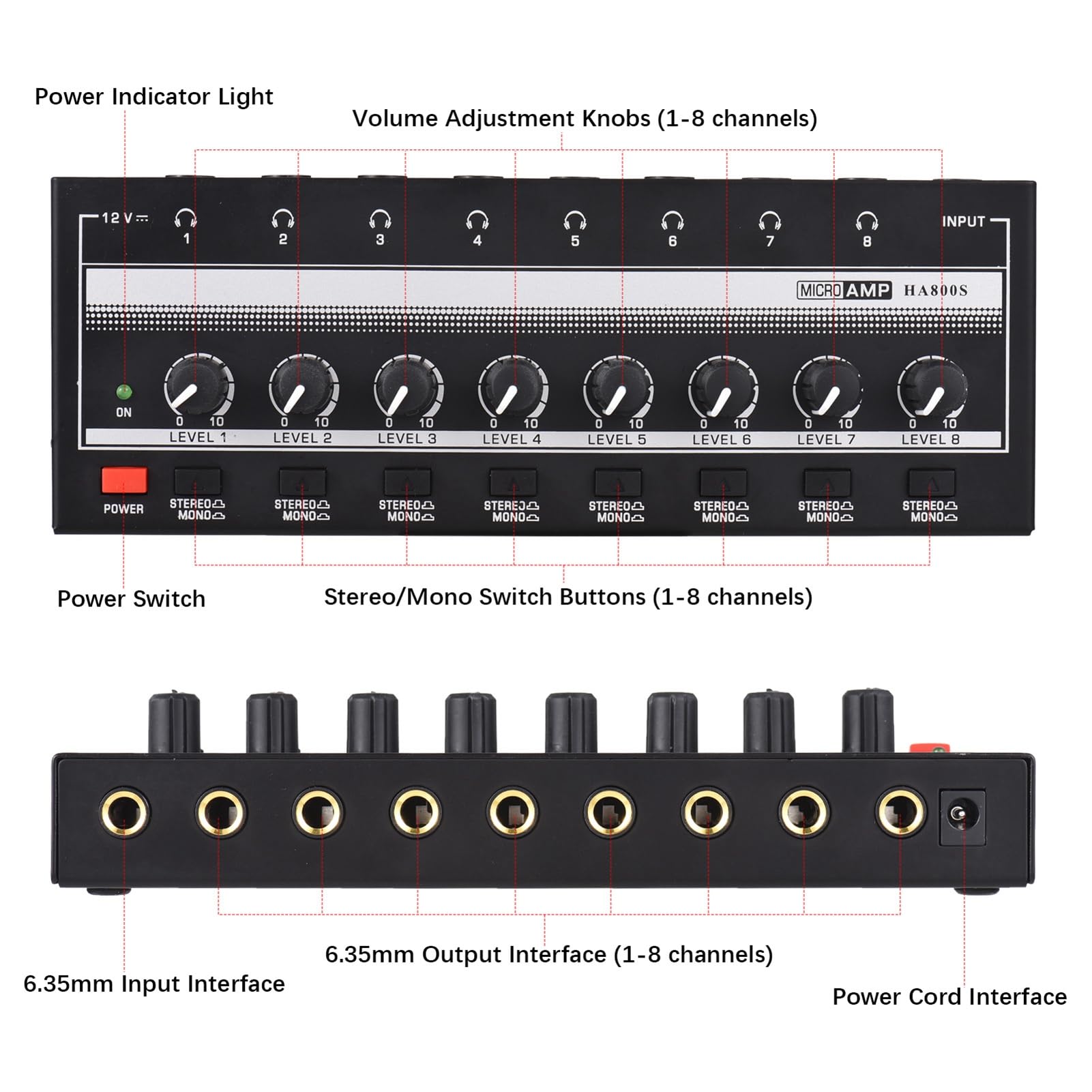 HUIOP HA800S Amplificador de auriculares 8 canales Mono/Estéreo Metal Estéreo Amplificadores de auriculares Amplificador de audio. Mini amplificador de audio estéreo de 8 canales ultracompacto. con,am