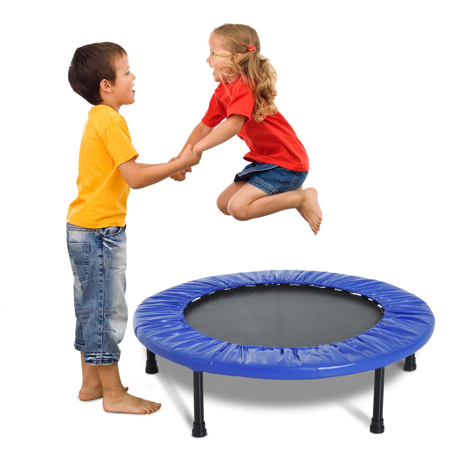 HOMCOM Cama Elástica Fitness Ø81 cm Trampolín de Acero con Borde Protector y 28 Resortes para Ejercicios en Interior y Exterior Carga 100 kg 81x81x22,5 cm Negro y Azul
