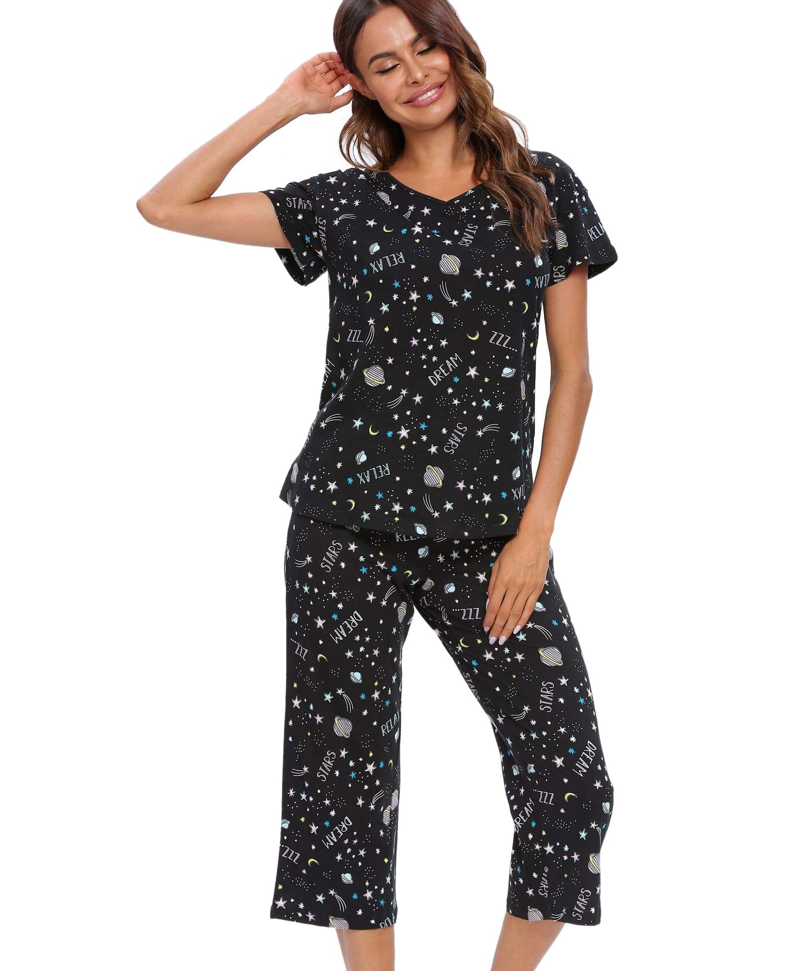 MIA LUCCE Pigiama da donna a maniche corte e pantaloni lunghi a 3/4, set pigiama