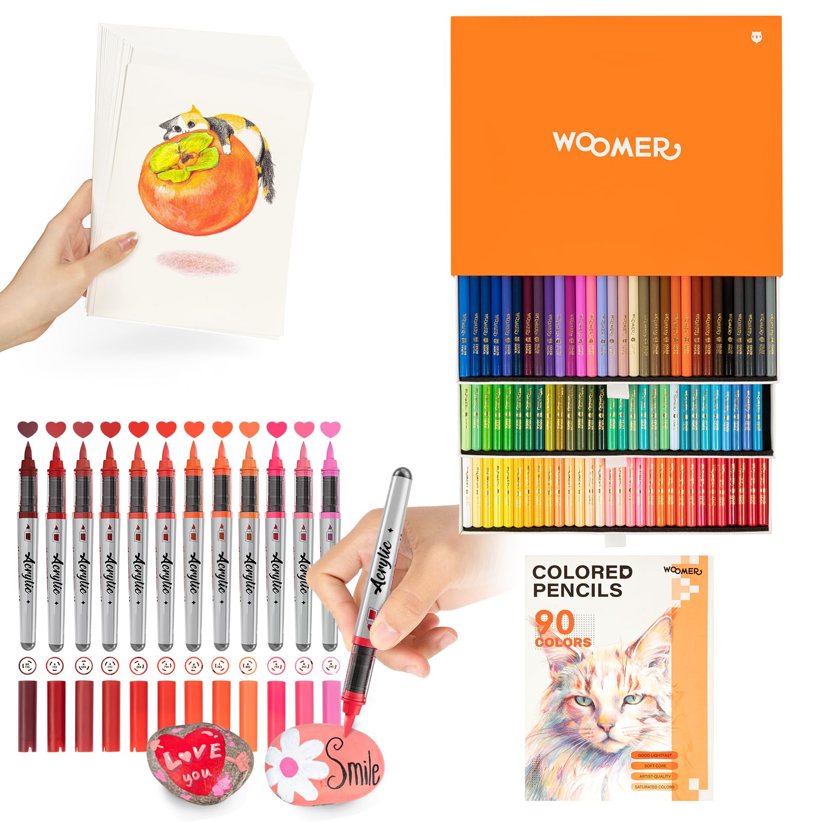 Woomer Acrylmarker Rottöne 12 Farben & 90 Buntstifte mit Übungspapier