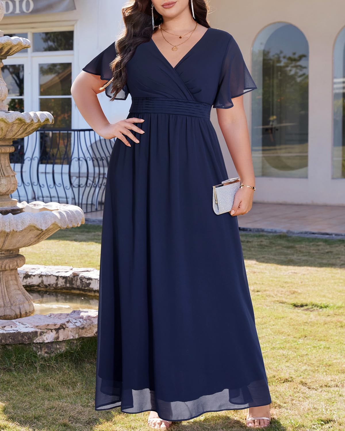 Plus Size Formal Dresses - V Neck Flutter Sleeve Glitter Prom Evening Gowns Wedding Guest Chiffon Long Maxi Dress - Image 4