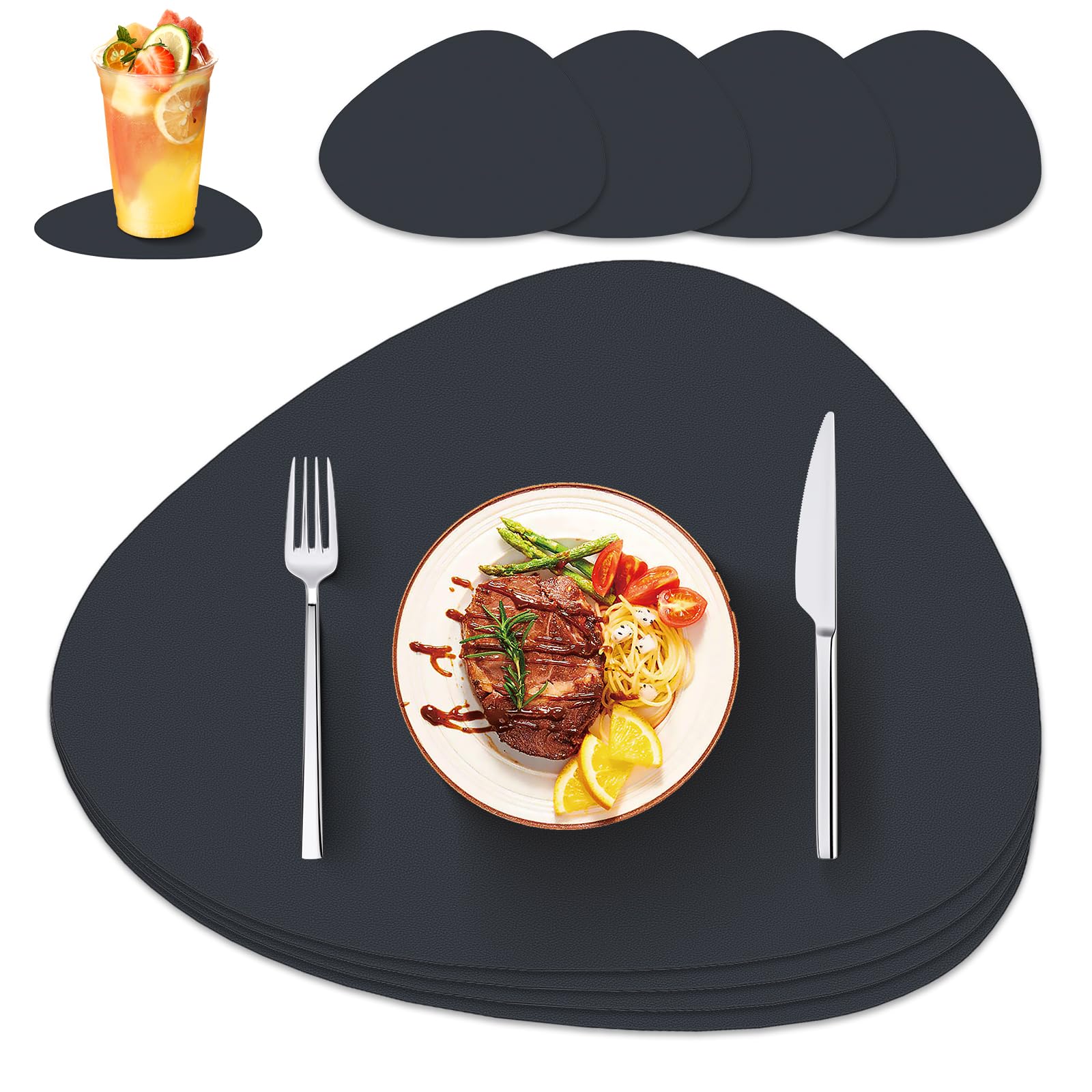 IKWOLETI Washable Table Placemats with Coasters - PU Leather Place Mats for Table - Double-Sided Placemats Ideal for Kitchen and Office, Set of 4, Black