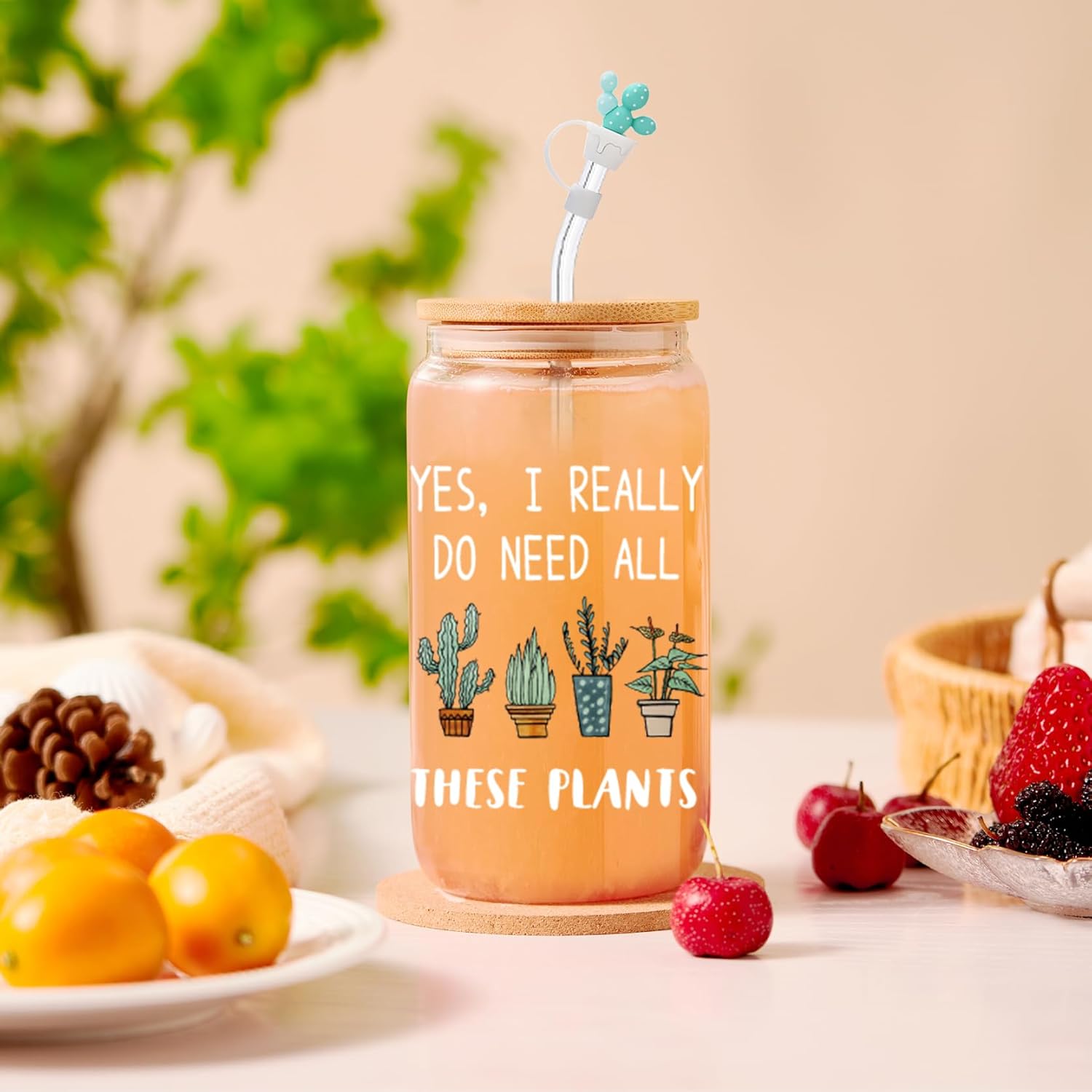 Plant Lover Gifts for Women, Cool Gardening Gifts for Plant Lady Mom, Funny Succulent Cactus Iced Coffee Glass Cup with Lid and Straw, Tote Bag, Socks, and Straw Covers - Image 2