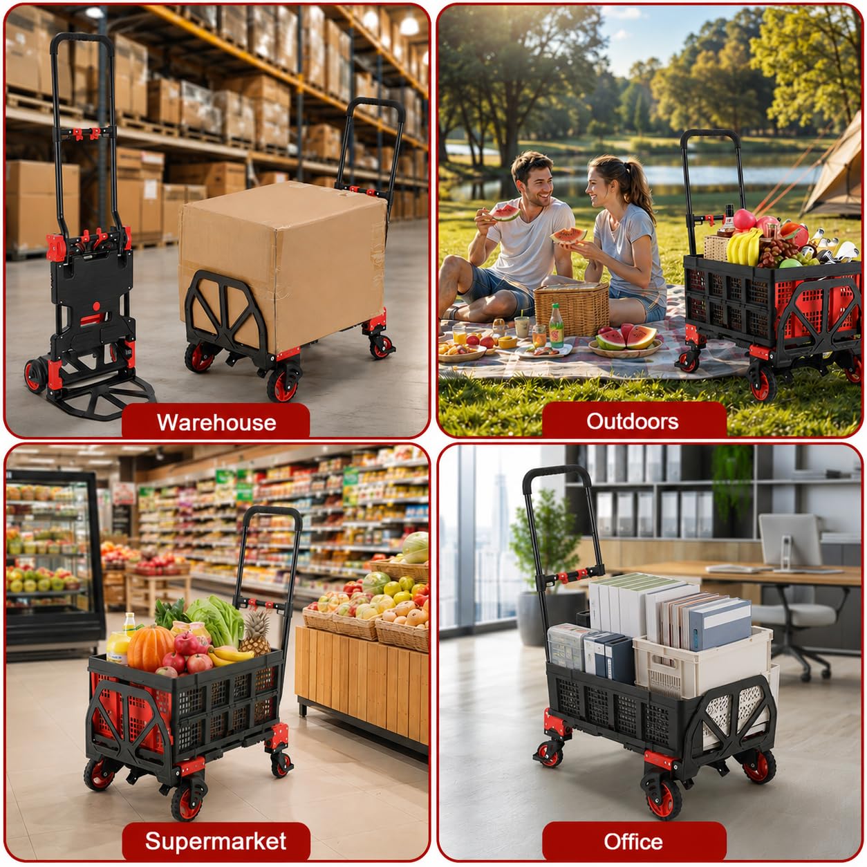 Carretilla de Mano y Carro Plegable 2 en 1, con Caja Abatible y 2 Correas | Capacidad de 150 kg, Asa Ajustable 3 Alturas, Ideal para Mudanzas, Supermercado y Acampada (Rojo)