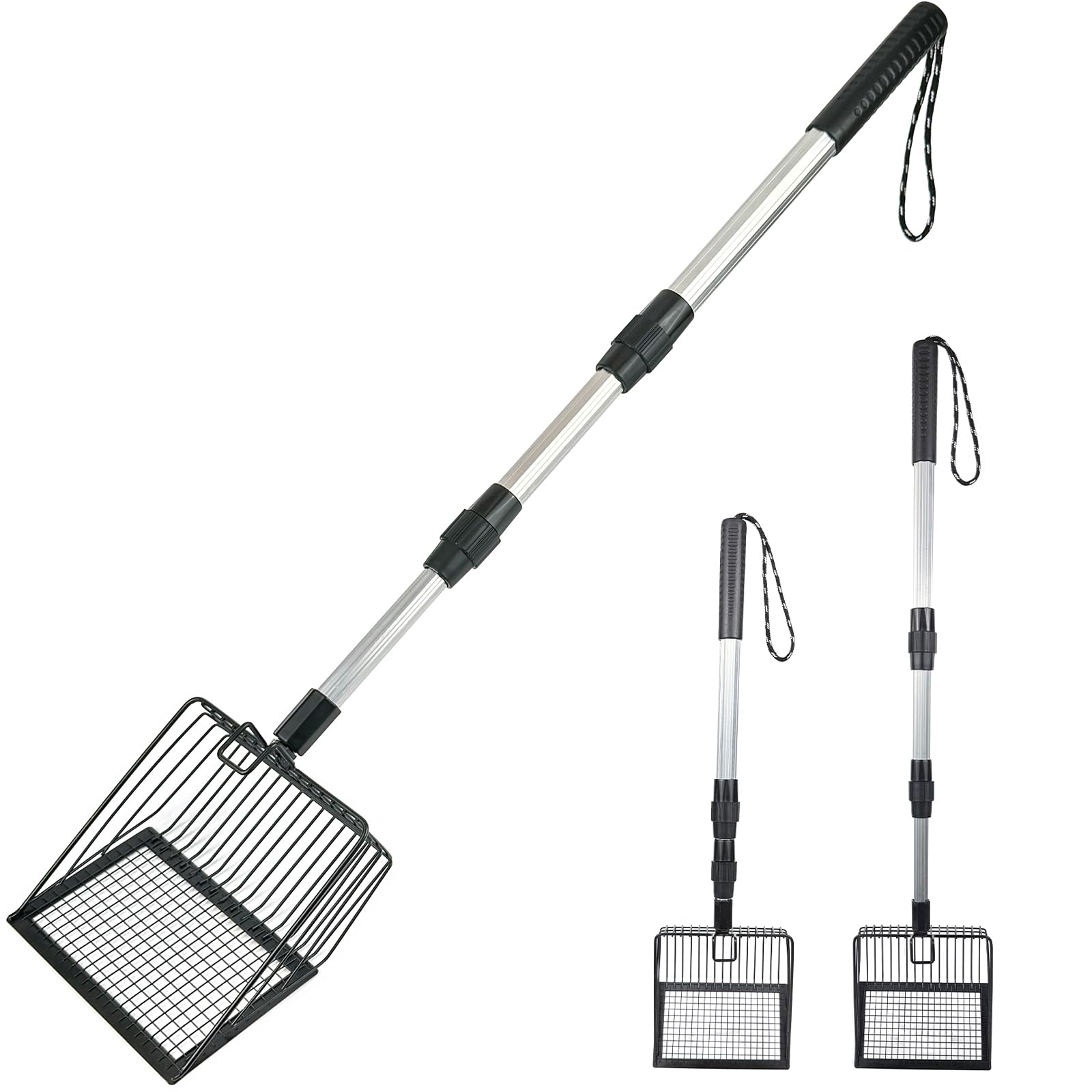 Cat Litter Scoop with Extendable Long Handle, 22.2"-42.5" No Bending Back Metal Kitty Litter Scoop, Large Non-Stick Wide Flat Head Heavy Duty Cat Pooper Scooper