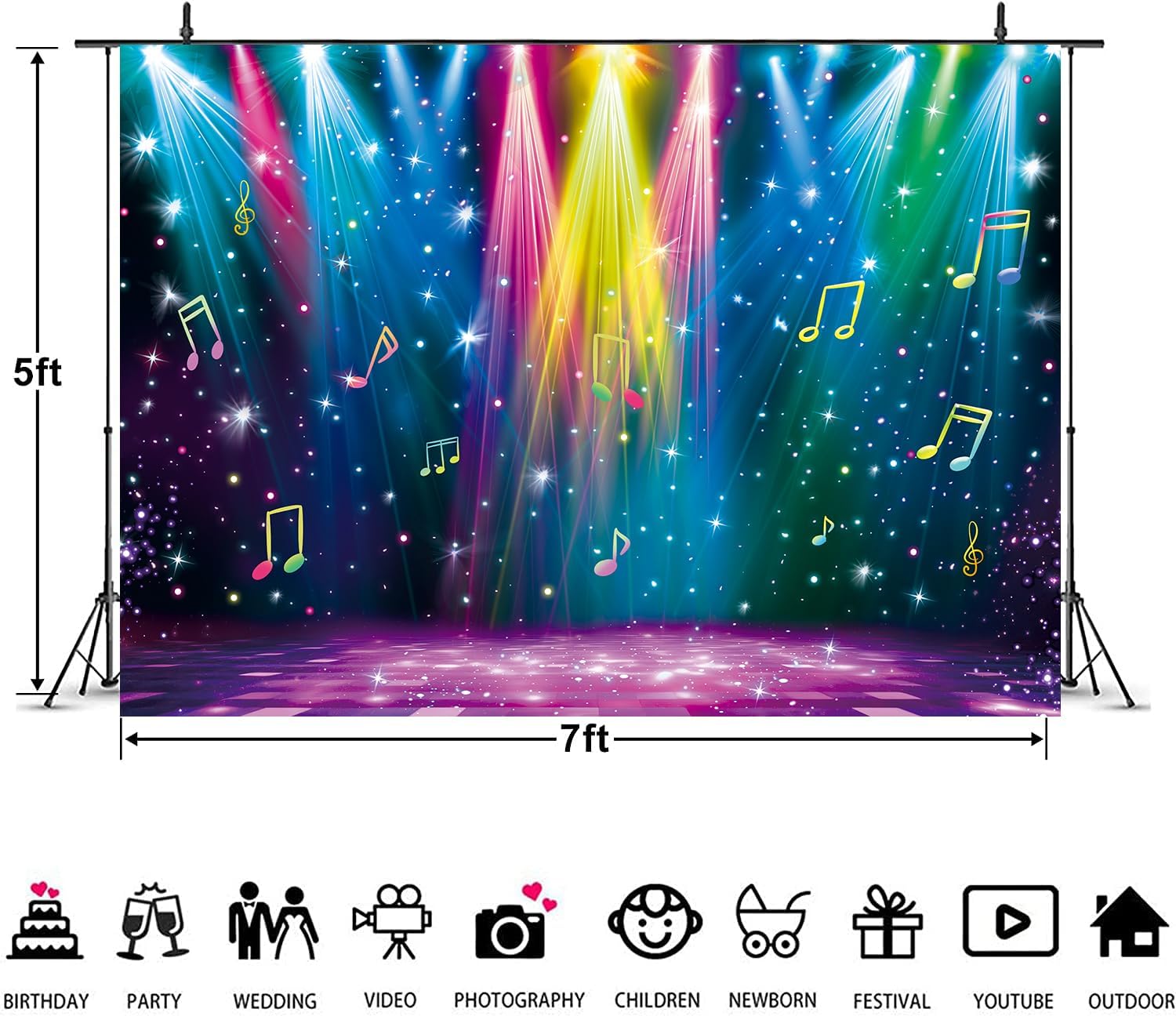 Disco Rainbow Stage Backdrop Colorful Neon Glow Rock Music Stage Photography Background 70s 80s 90s Music Birthday Party Banner Decorations Photo Props 7x5FT