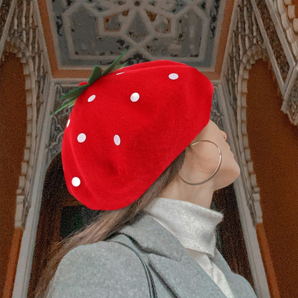 Strawberry Beret Hat for Women French Style Wool Blend Cute Cosplay Party Decorative Artist Painter Cap 9.84 Inch Diameter - Image 6