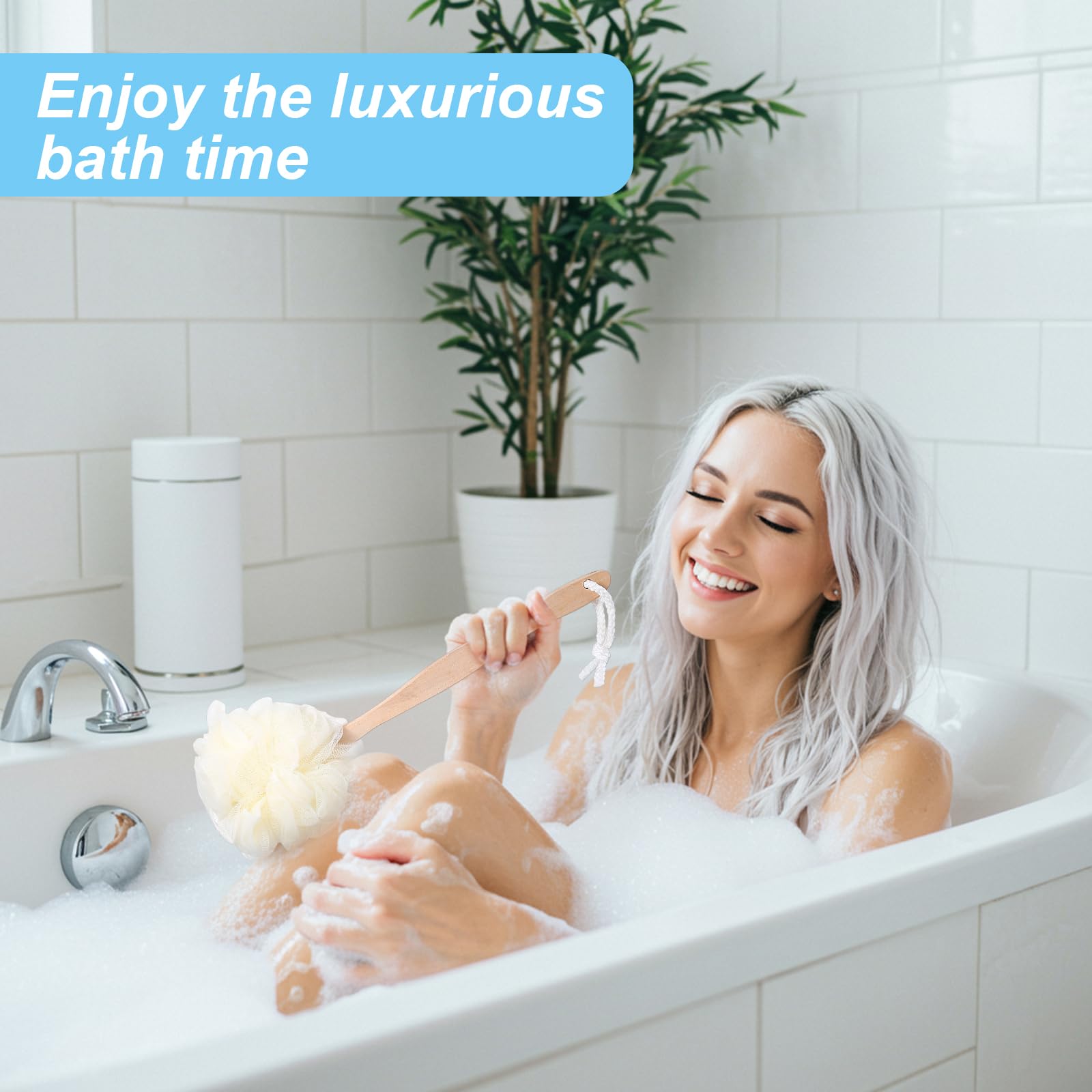 10 spugne grandi da bagno in luffa con manico lungo per doccia, luffa con manico per schiena, spazzola spa per donne e uomini (4 colori)