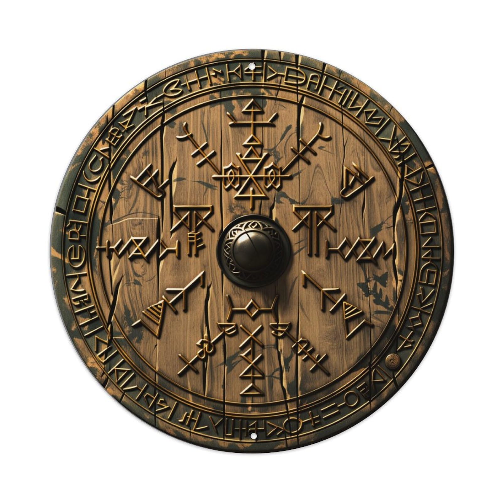 Viking Runes Wooden Shield Design Vintage Round Tin Sign Retro Metal Wall Decor Metal Poster, Home Bar Garage Farmhouse Cafe Wall Art Decoration 8x8Inches