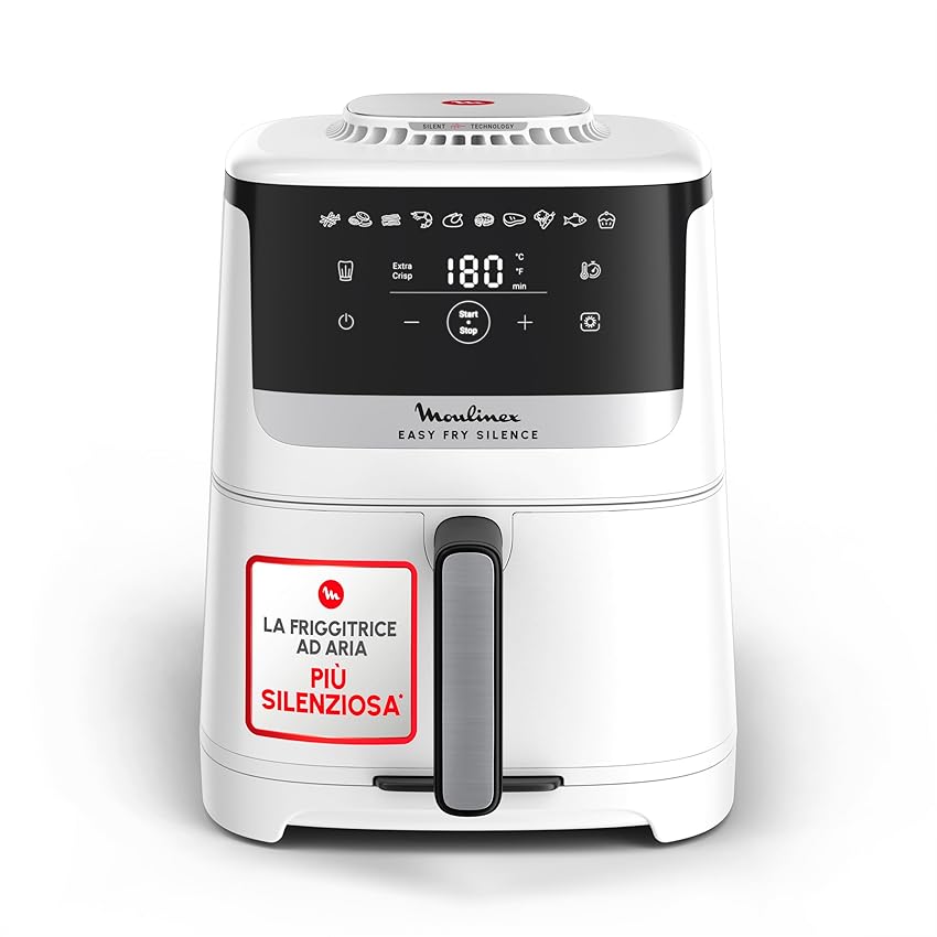 Moulinex Easy Fry Silence, Friggitrice ad Aria Silenziosa 5L/1.5kg per 6 Persone, 1670W, Sistema Easy Clean & Store, 10 Programmi, Touchscreen e Cestello Lavabile in Lavastoviglie, Bianca EZ5521