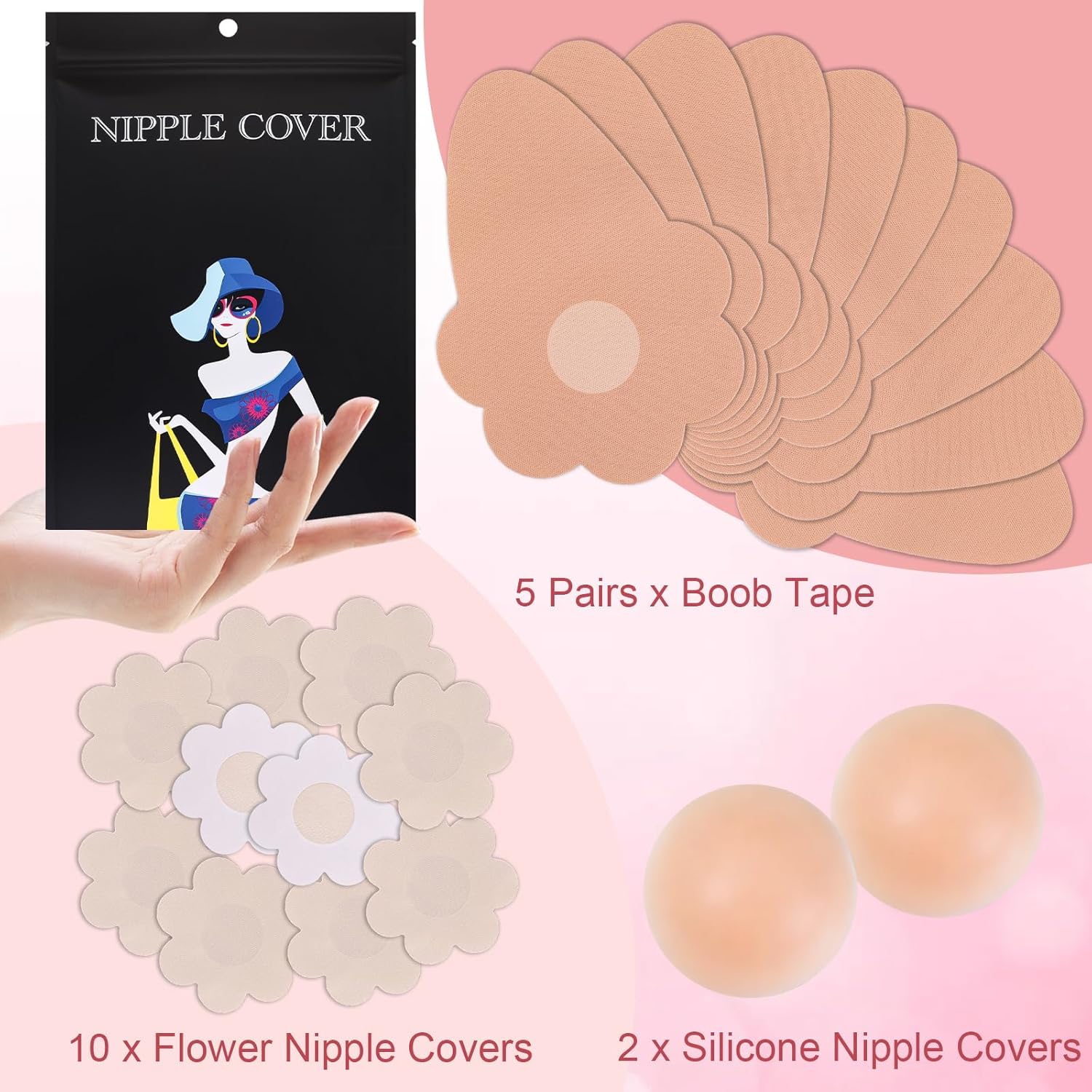 Boob Tape & BoobTape for Breast Lift – 5 Pairs Breast Tape, 5 Pairs Nipple Covers & 2 Silicone Nipple Covers - Image 6