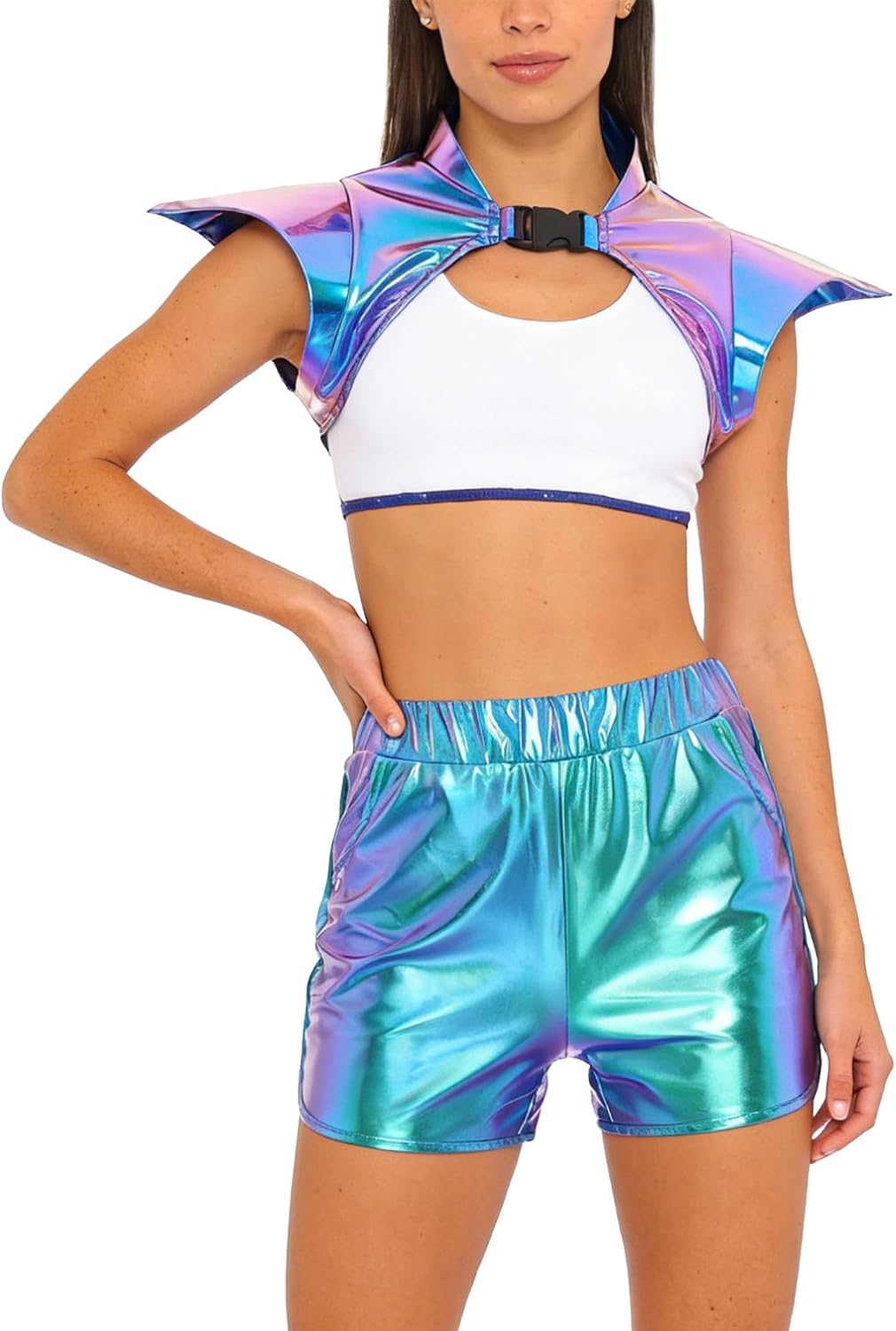 YiZYiF Women's Elastic Waist Alien Cosplay Shiny Metallic Pauldron Gothic Armor Booty Shorts for Raves