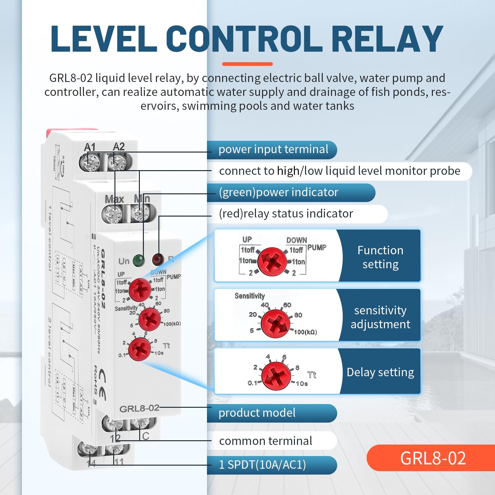 Rilevamento del livello di liquido a 1 o 2 poli Sensore di Livella Dell'acqua, GRL8-02 AC/DC 24-240V Sensibilità regolabile con sensore, 0.1-10s Per il Monitoraggio Del Liquido