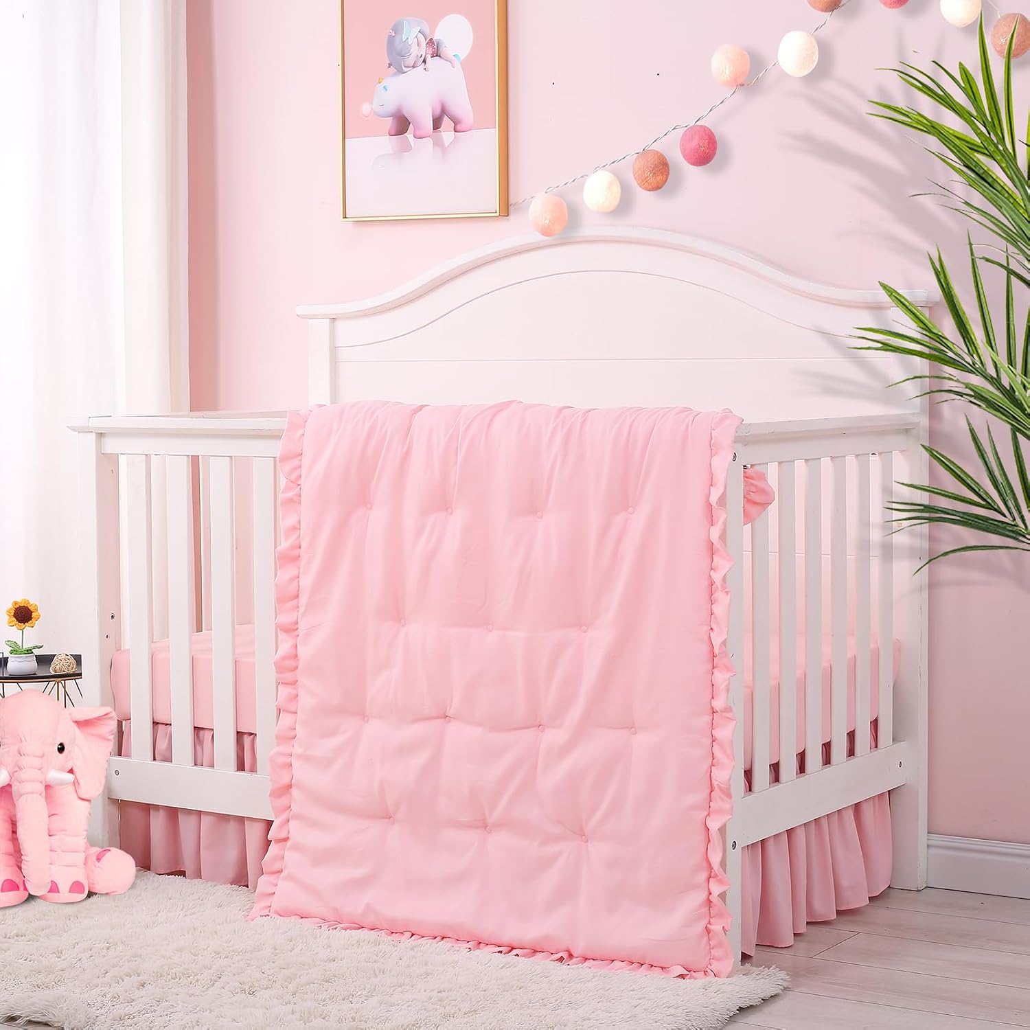 Cloele 3 Pieces Crib Bedding Set for Girls- Solid Ruffle Quilted Includes Comforter Fitted Sheet Crib Skirt,Cute Ruffled Nursery Baby Crib Standard Size Baby Bedding Set Pink | Standard Size Baby Bedding Set,Includes Comforter Fitted Sheet Crib Skirt, Cute Ruffled Nursery, Standard Size