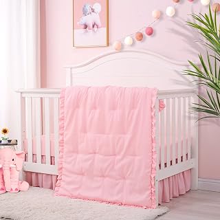 Cloele 3 Pieces Crib Bedding Set for Girls- Solid Ruffle Quilted Includes Comforter Fitted Sheet Crib Skirt,Cute Ruffled Nursery Baby Crib Standard Size Baby Bedding Set Pink