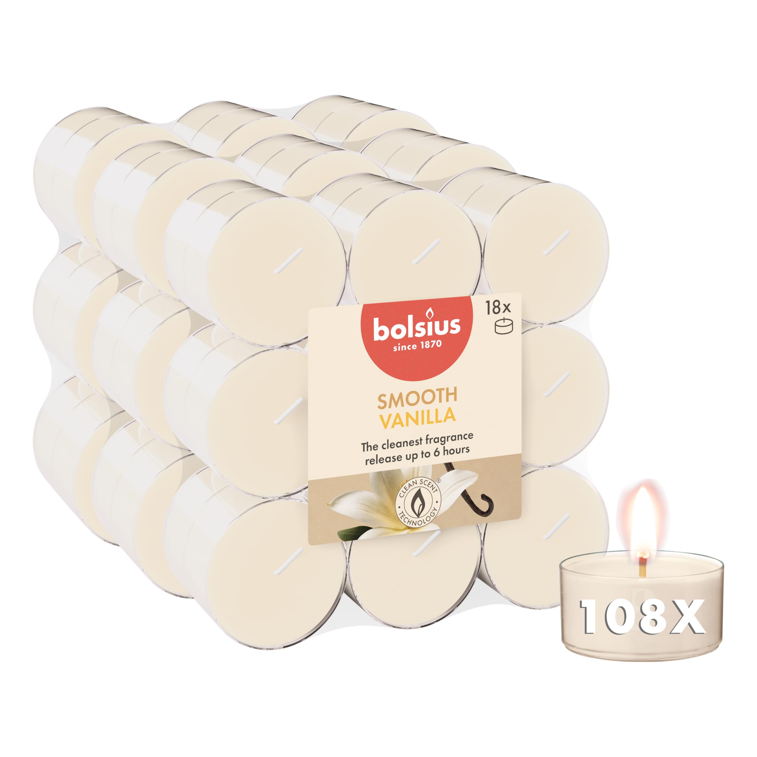 Bolsius - Candeline profumate - 108 pezzi - Vaniglia - 6 ore - bicchiere trasparente - estratti naturali