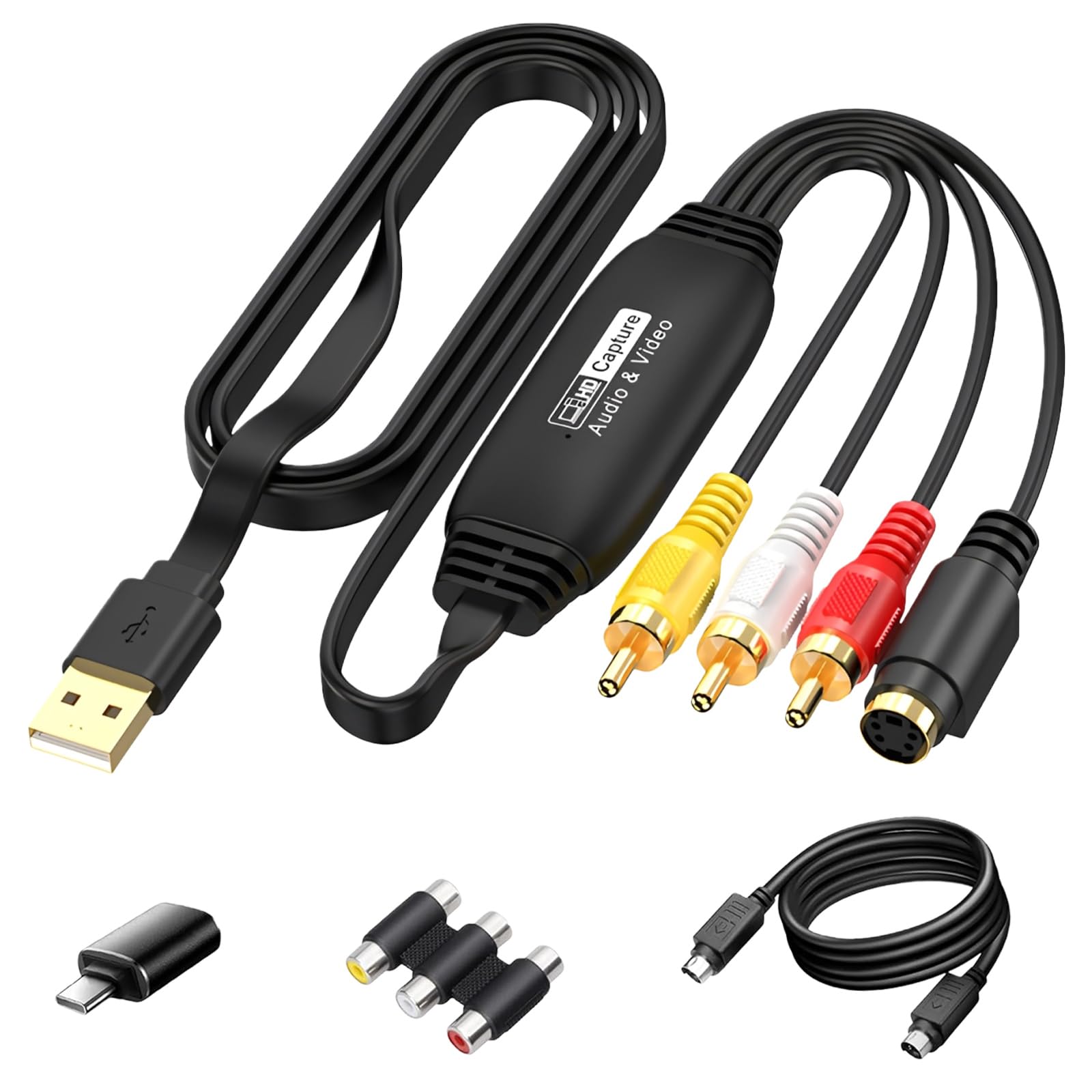 PORFOYO VHS to Digital Converter, Video Grabber USB 2.0, CVBS & S-Video a USB, 1080P HD Video Capture, adattatore AV e RCA, per Windows, Android e MacOS, VHS a Digital Converter