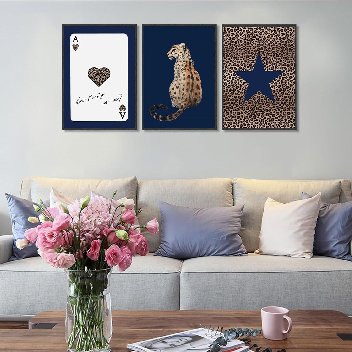 KLXCAJAM 3Pcs Navy Leopard Wall Art Cheetah Vintage Prints Wall Decor Navy Blue Star Painting Pictures Lucky Trendy Artwork for Gallery Preppy Luxury Home Decoration 16x24in Poster