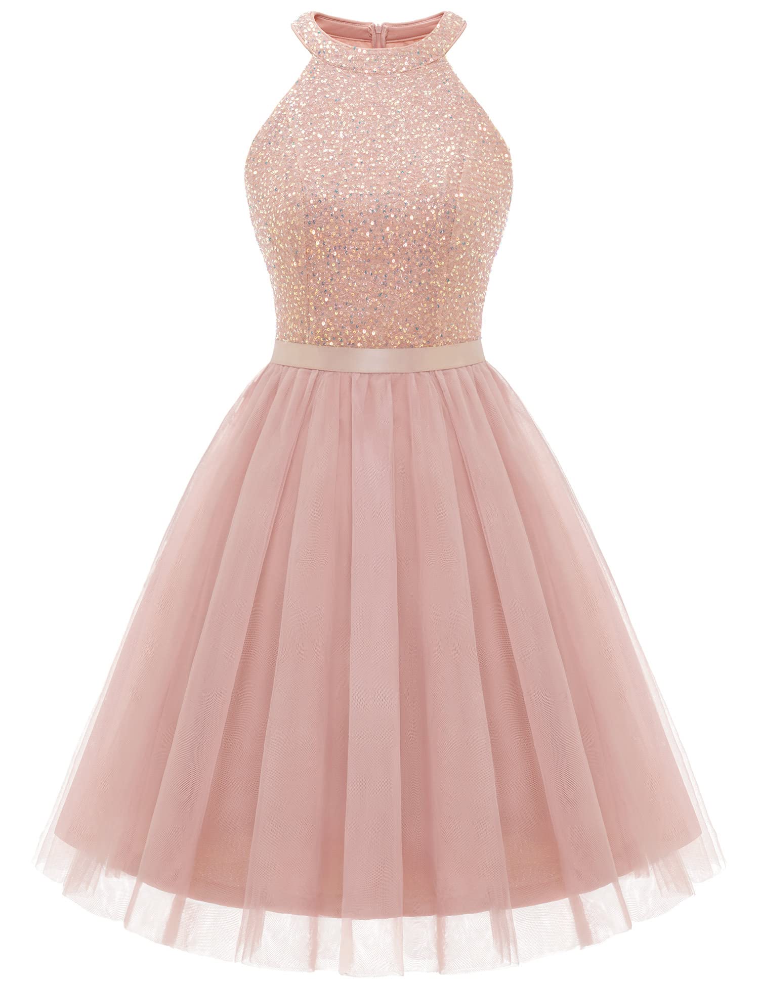 Dressystar Women's Short Sequin Tulle Halter Homecoming Cocktail Party Dress SQ68 Blush S