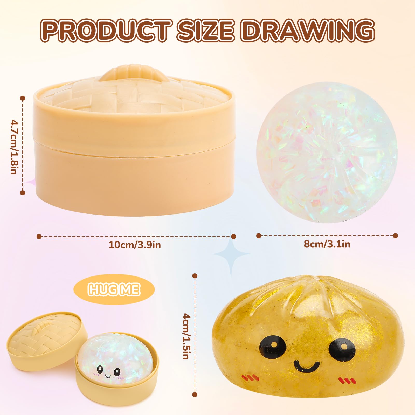 Dumpling Squishy Mystery, 10 cm Glitter Dumpling z parowarem, Rainbow Mystery Squishy Bun, sensoryczna zabawka fidget, piłka antystresowa dla dzieci i dorosłych (2 sztuki) (złoty + przezroczysty)