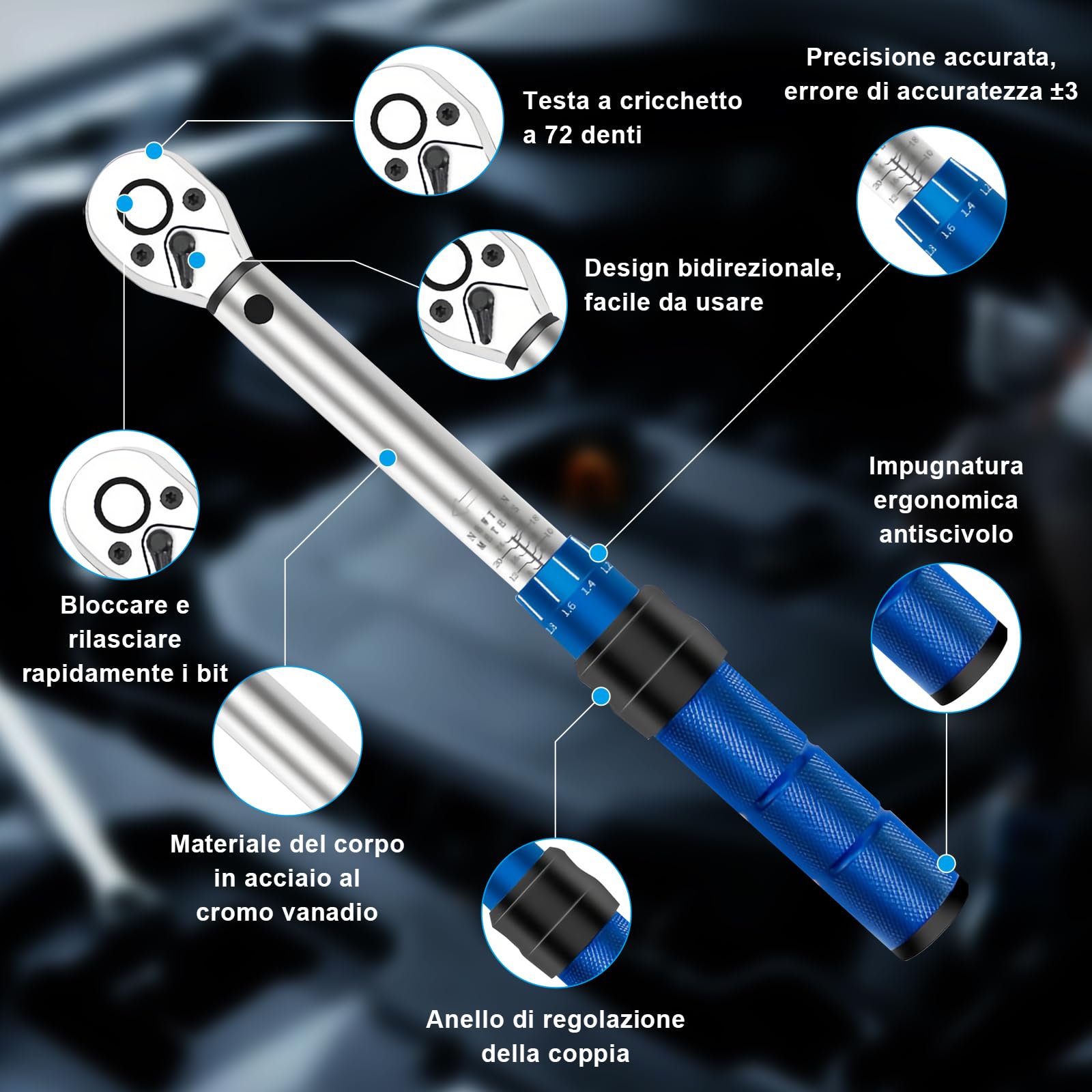 15 Pezzi Chiave Dinamometrica 1/4", Precisione ±3%, 2-24 Nm Chiave Dinamometrica Bici, Dinamometrica Set con Punte e Asta di 100mm Prolunga, per Bicicletta, Moto