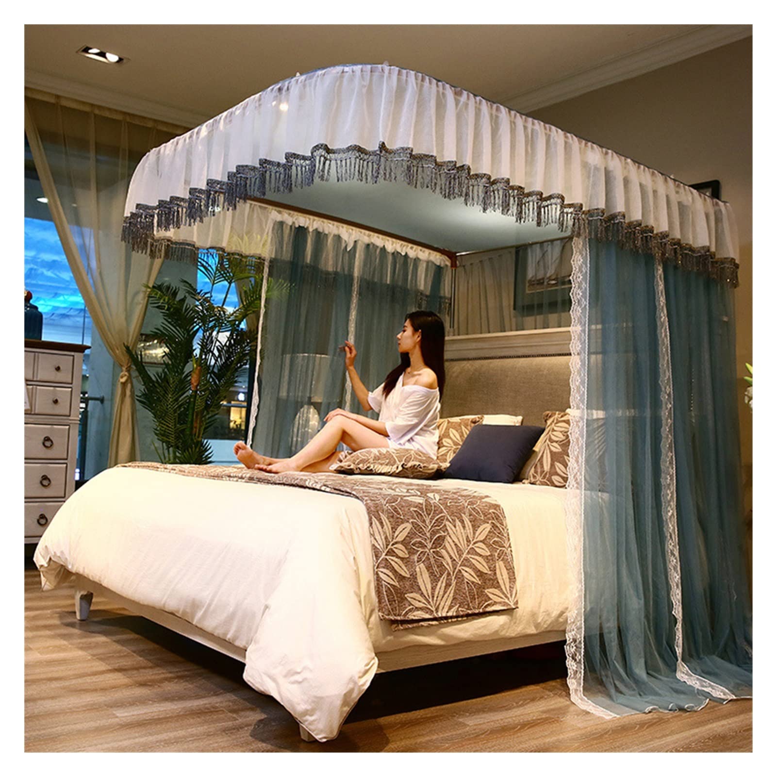 GJMSSMY 4 Corners Post Canopy Bed Curtain, with Cozy Drape Square Netting, 3 Opening Mosquito Net, Princess Bedroom Decoration (Color : Gray blue, Size : 150 * 200cm)