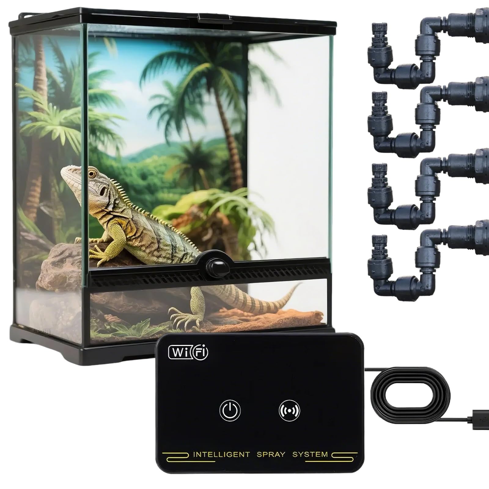 Sistema de Nebulización Automático Reptile Mister con Control Remoto WiFi, Humidificadores para Reptiles con Controlador de Sincronización Inteligente y Boquillas(4 nozzles)