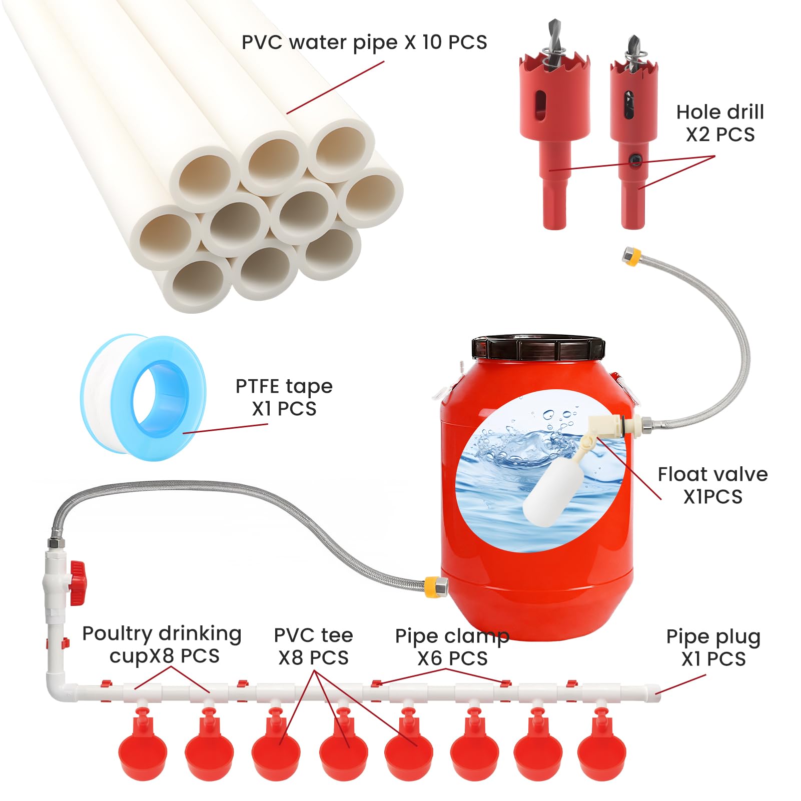 Sistema automático de riego de pollo, juego completo de comedero de agua para aves de corral con tazas de agua, válvula flotante, manguera de jardín para bricolaje (cubo no incluido)