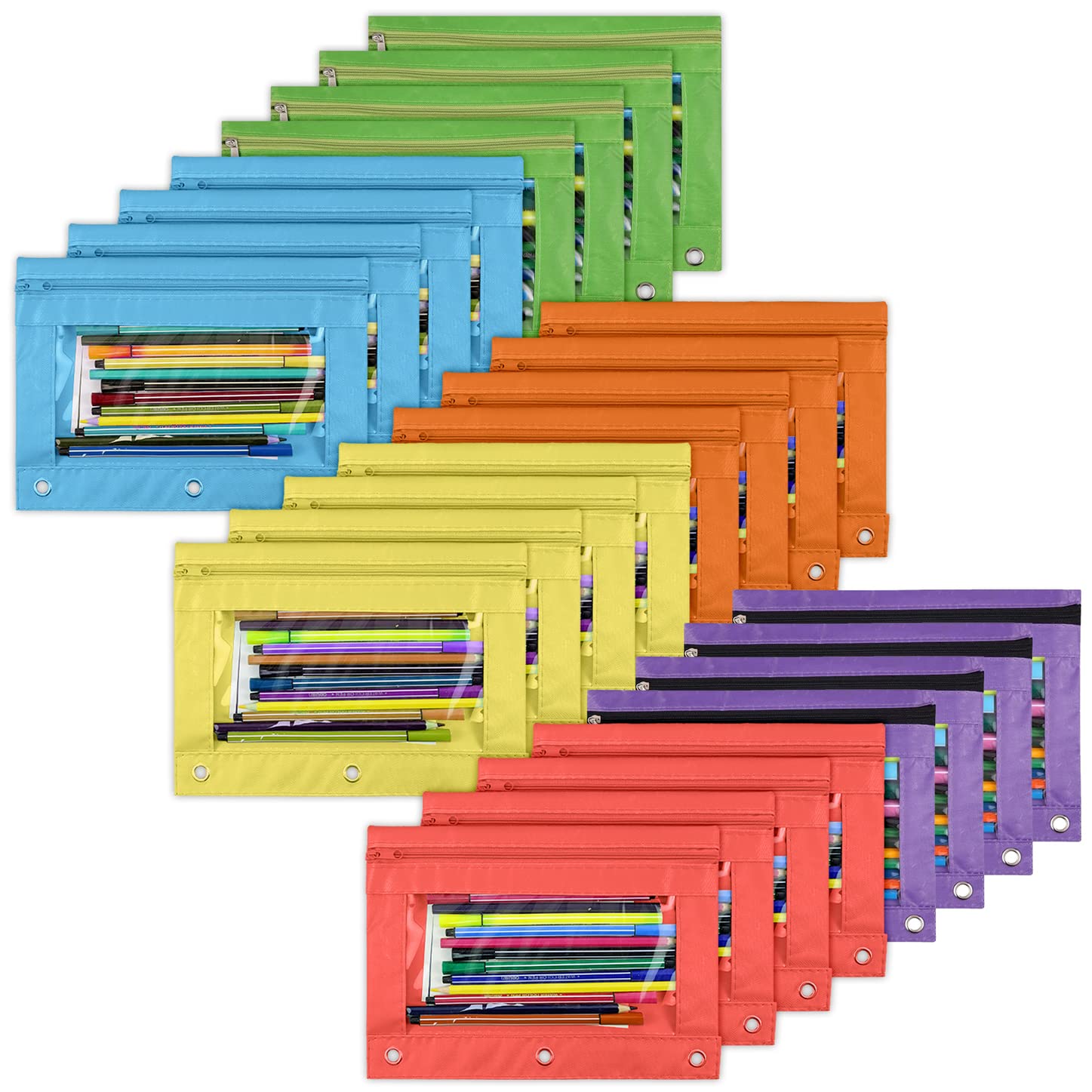 YoeeJob Confezione da 24 astucci a 3 anelli, con cerniera, portapenne con finestra trasparente, organizer per scuola e ufficio, 6 colori - 24 pezzi, 9.8x7.3 inches, Astuccio