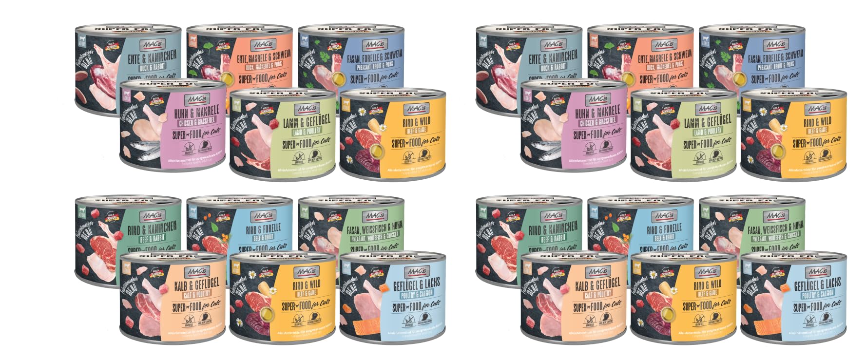 Mac's Cat Feinschmecker Katzenfutter 24x 200g | Garantierter 8 Sorten Mix | Auch als 6er oder 12er Erhältlich | Getreidefreies Nassfutter für Katzen