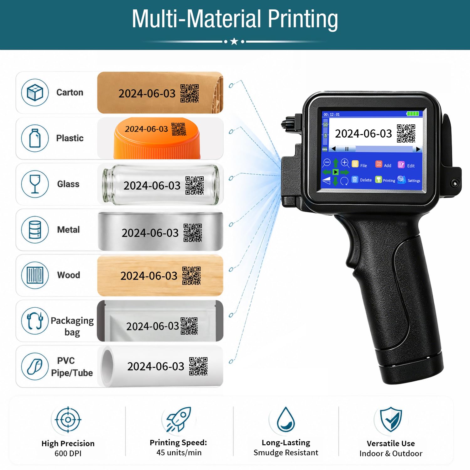 Phezer Tragbarer Mini-Hand-Tintenstrahldrucker PC12-H für flache und gebogene Oberfläche, mit Touchscreen, PS100 schnelltrocknende Tintenpatrone, für Label/Datum/Barcode/Logo/Qrcode (schwarz)