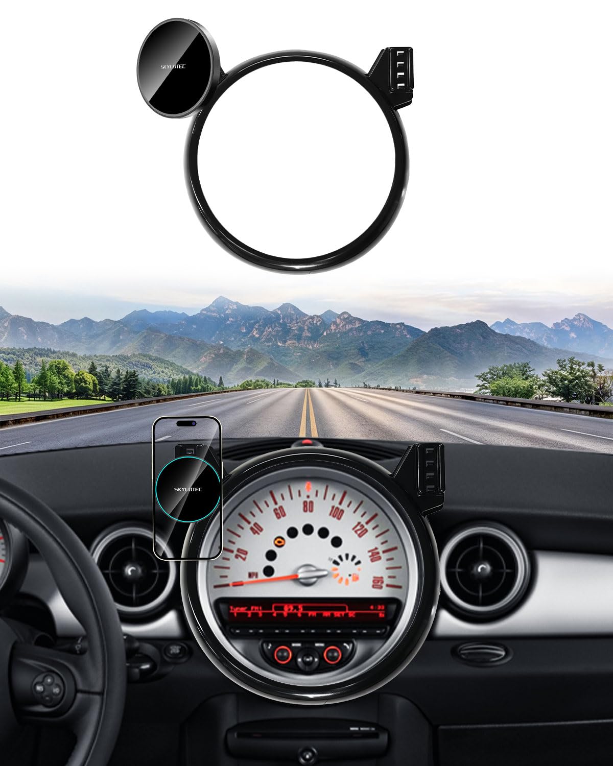 SKYLOTEC Podwójny uchwyt na telefon do BMW MINI Cooper 2007 2008 2009 2010 2011 2012 2013 akcesoria samochodowy magnetyczny uchwyt na telefon kompatybilny z Magsafe, silne magnesy szybka bezprzewodowa