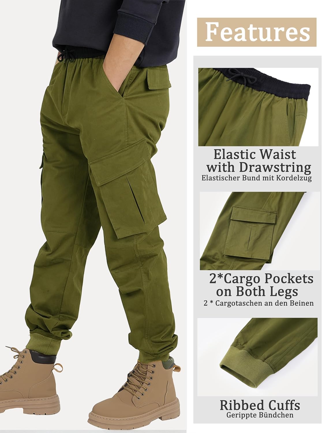 CAMLAKEE Boys Stretch Cargo Pants Kids Drawstring Elastic Waist School Youth Twill Joggers Pants - Image 4