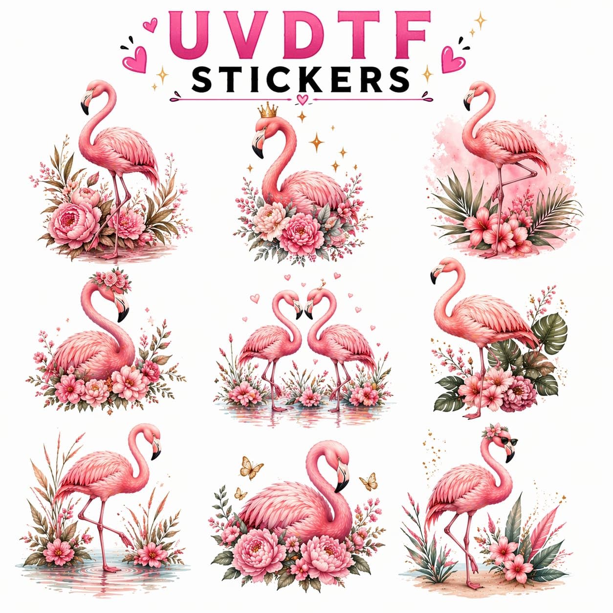 UV DTF Flamingo Stickers, 2.5x2.5 Inch, Waterproof Decals for Mugs, Water Bottles, Laptops, 9 Designs