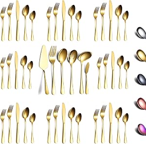 Berglander Flatware Set 46 Piece, Stainless Steel with Titanium Gold Plated Flatware Set 45 Pieces Add 1 Pie Sever, Golden Flatware Set, Silverware, Cutlery Set Service for 8 (Shiny Gold)