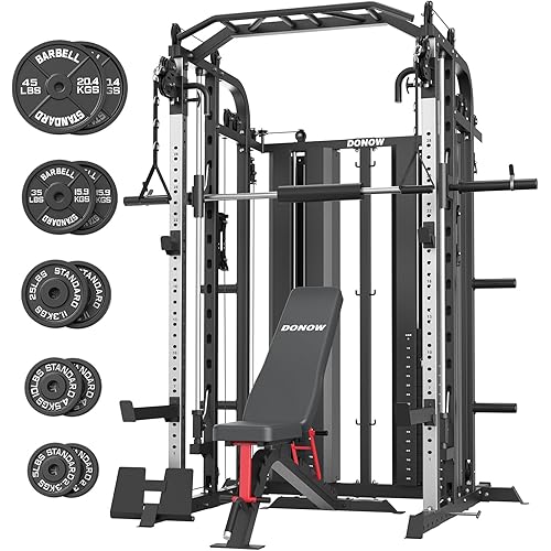 DONOW Smith Machine with Weight Stacks Power Cage Squat Rack Dual Cable Crossover Machine Home Gym Systems Station LAT Pull Down