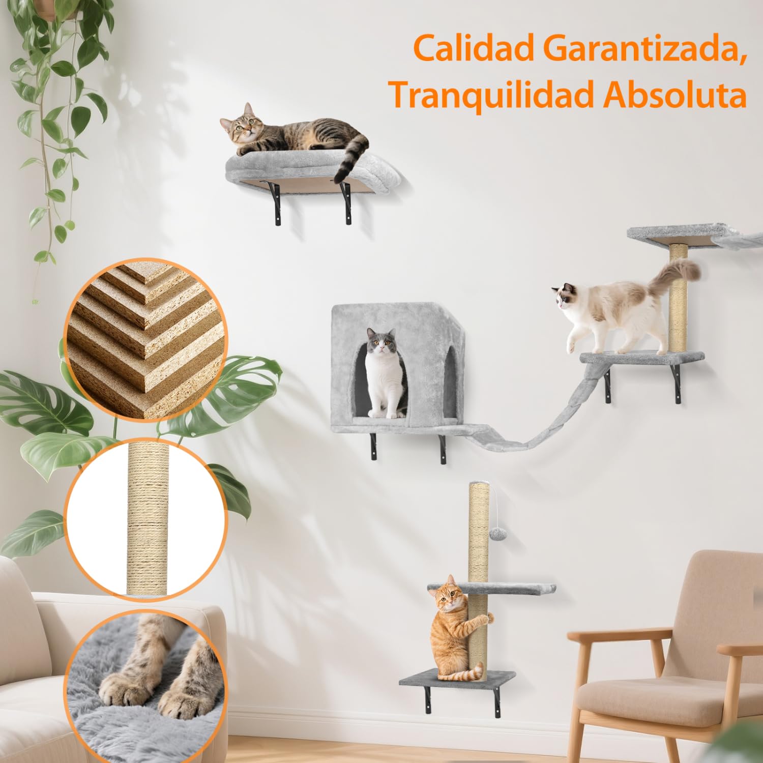 Nobleza Kletterwand Katzen 6 Set, Lounging bis 10 kg, Stabiles Katzen wandelemente für Schlafen, Spielen, 2 Katzenhäuser mit stabilen Kratzsäulen, Hängebrücke & festem Kratzbrett