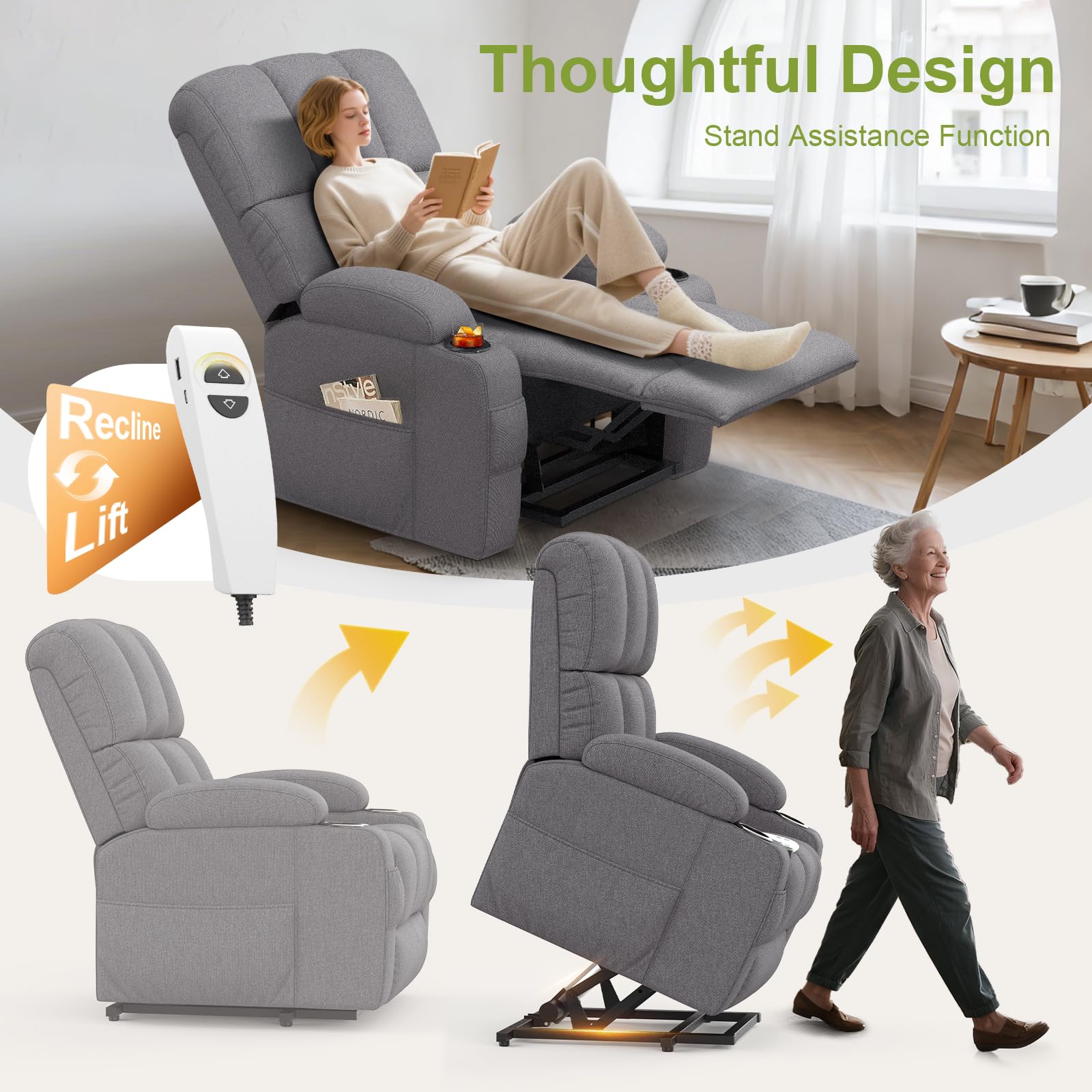 Fauteuil de relaxation - Fauteuil de massage électrique réglable - Avec fonction allongée - Massage - Fonction chauffante - Ports de type C et USB - 4 poches latérales - 2 porte-gobelets