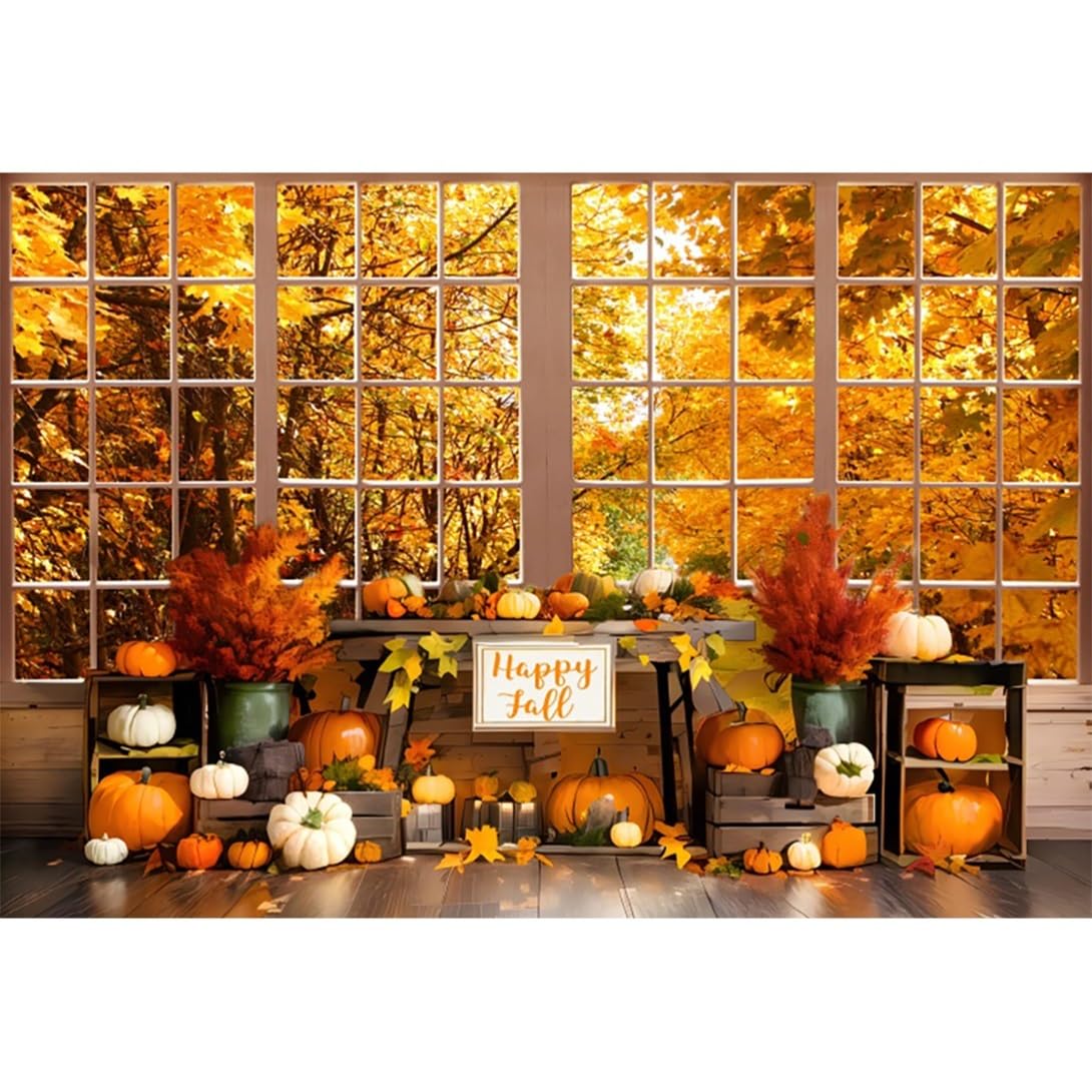Vie Savaran 6x4ft Happy Fall Backdrop Autumn Window Scenery Golden Maple Leaves Forest Pumpkins Photography Background Thanksgiving Party Birthday