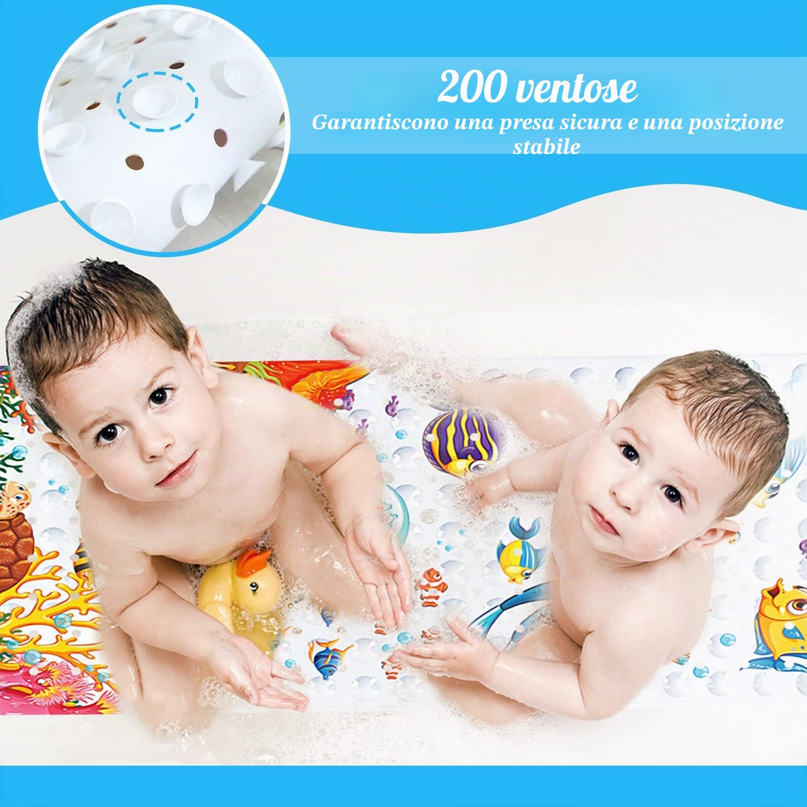 JOYBOY Tappetino Vasca Antiscivolo,100*40cm Tappetino Antiscivolo per Vasca da Bagno,Tappetino per vasca da bagno con 200 Ventose e Stampa di Oceano Animali a Colori Vivaci,Lavabile in Lavatrice