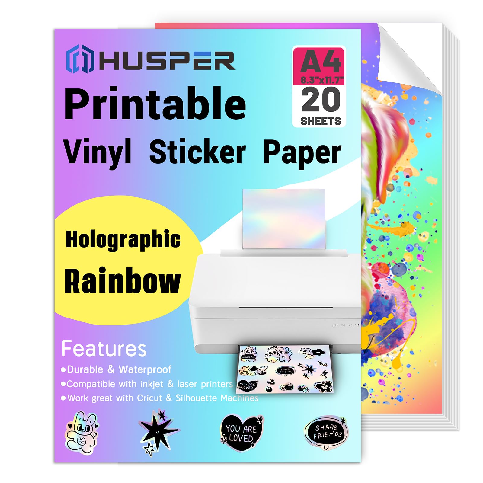 HUSPER Holographic Rainbow Vinyl Sticker Paper A4 Printable Waterproof, Compatible with Inkjet, Laser Printers (20 Sheets Rainbow)