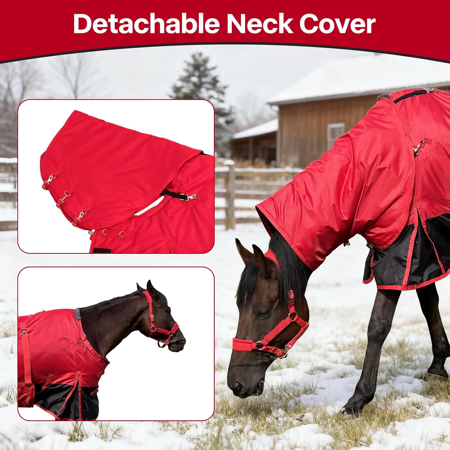Horse Blankets,1600D Oxford Cold Weather Horse Trunout Sheets, Medium Weight Winter Horse Care Blankets with 280g Filling Liner (Red&Black, US 72 inch/EU 135 cm)