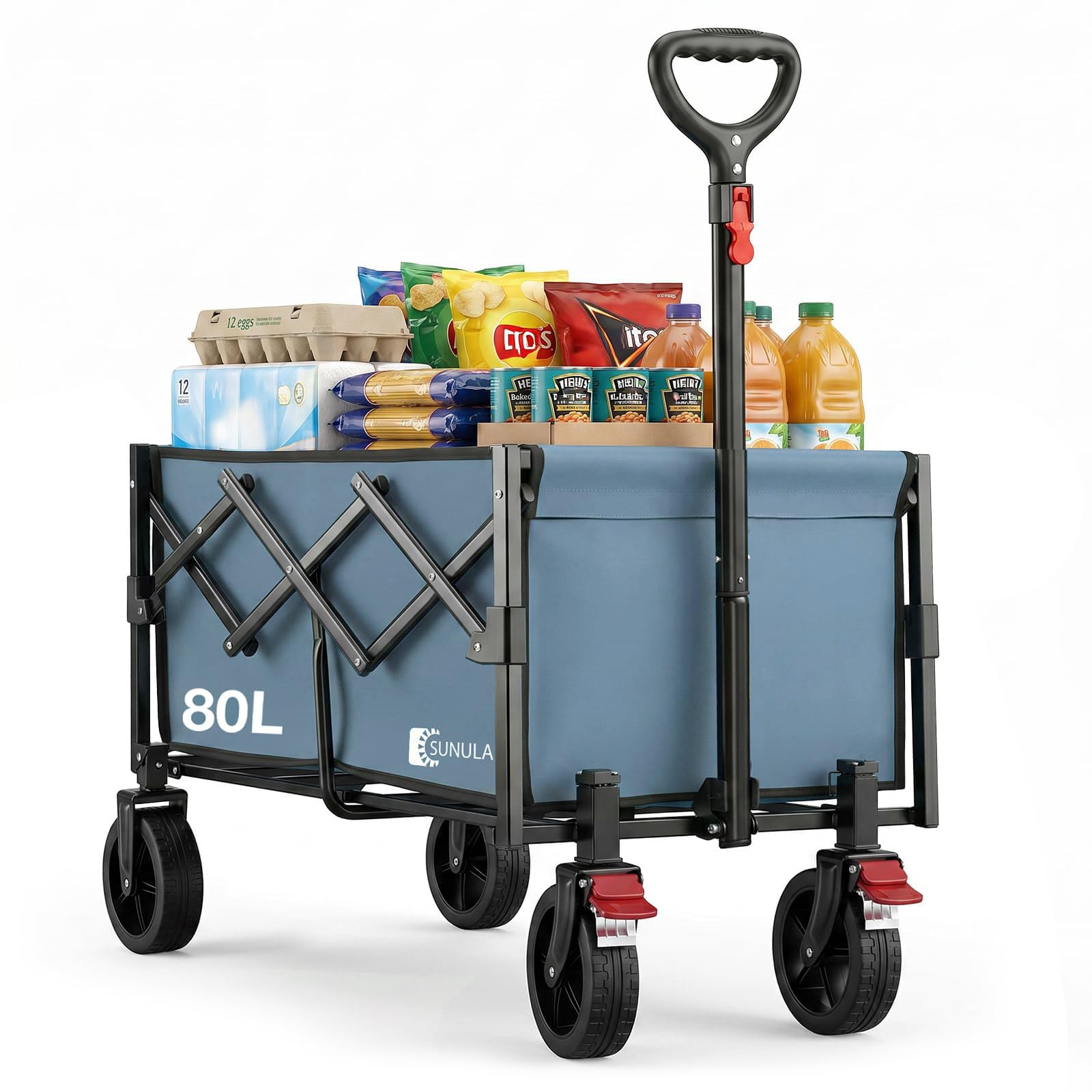 Sunula 220LBS Folding Camping Trolley, Heavy Duty 120L Large Capacity Garden Wagon Cart with All-Terrain Wheels, Lightweight Outdoor Utility Foldable Festival Trolley for Grocery, Shopping, Slate Blue